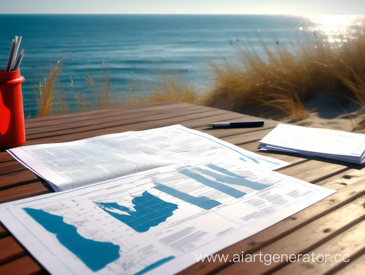 photo: table in the background background of the sea coast, documents with diagrams and tables are on the table, sunny bright da