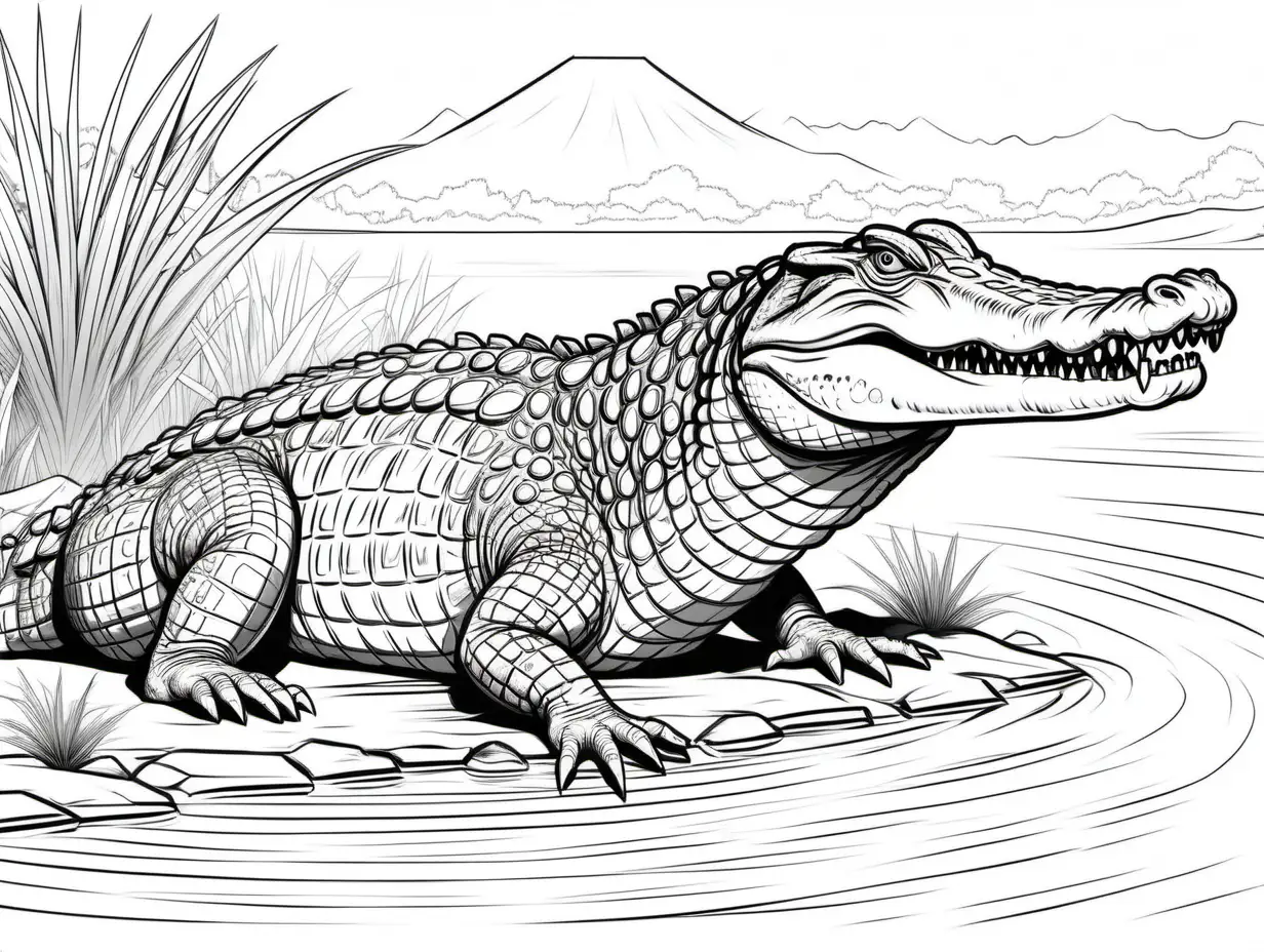 coloring page for adults, Nile Crocodile, in Africa, clean outline, no shade