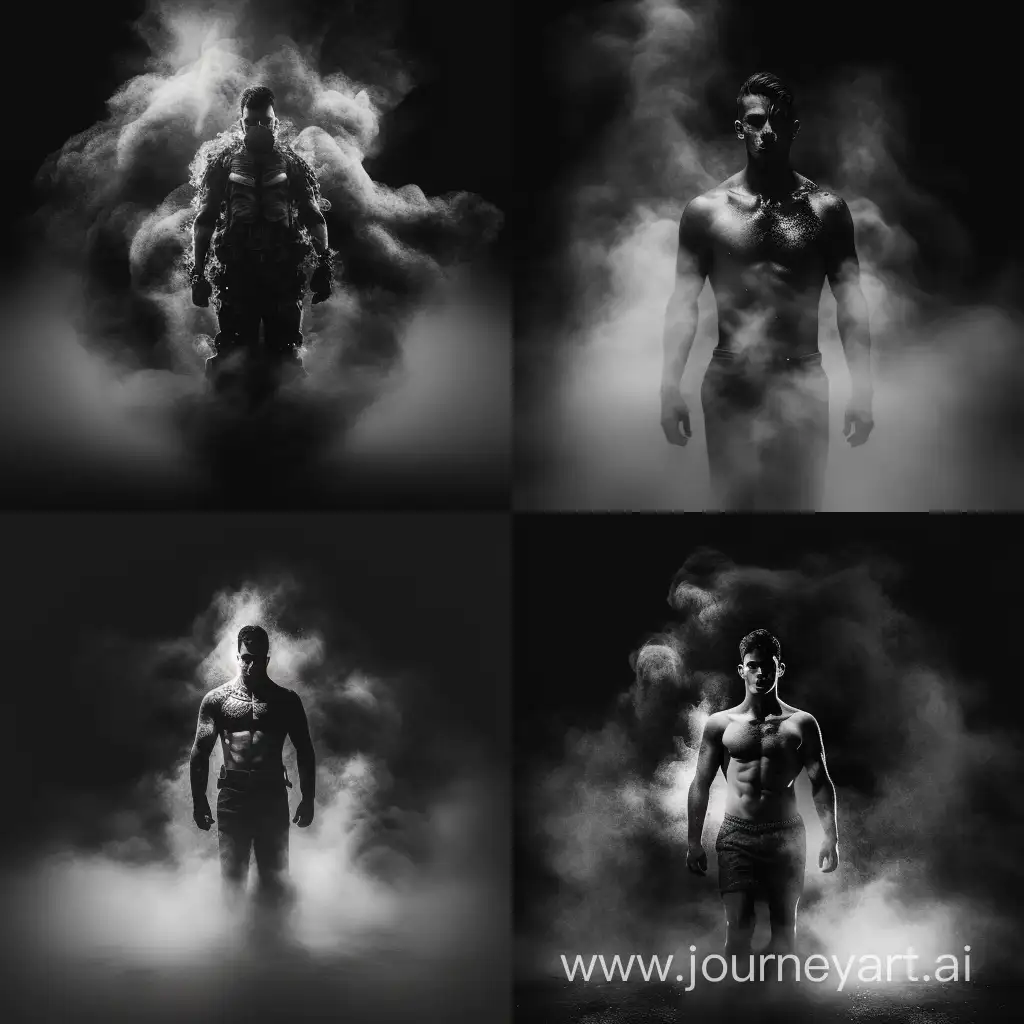 Darkest night. Soldier-God appearing from smoke, smoke into body transformation, apparation, full body, ethereal, photorealistic, black and white, symmetrical face, background is misty blackness, outdoors. Fiery-Eyed