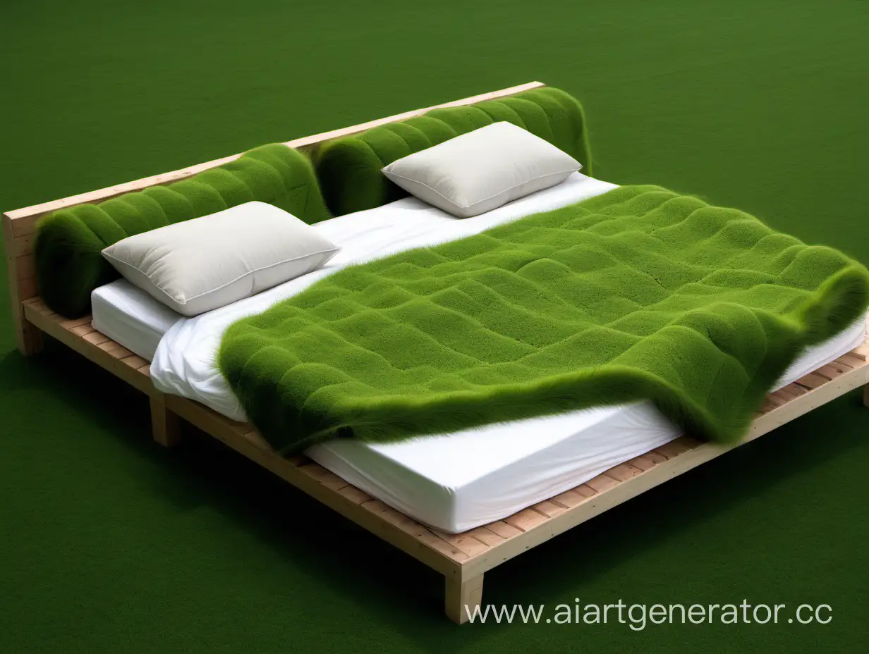 кровать с пледом и подушками из травы
