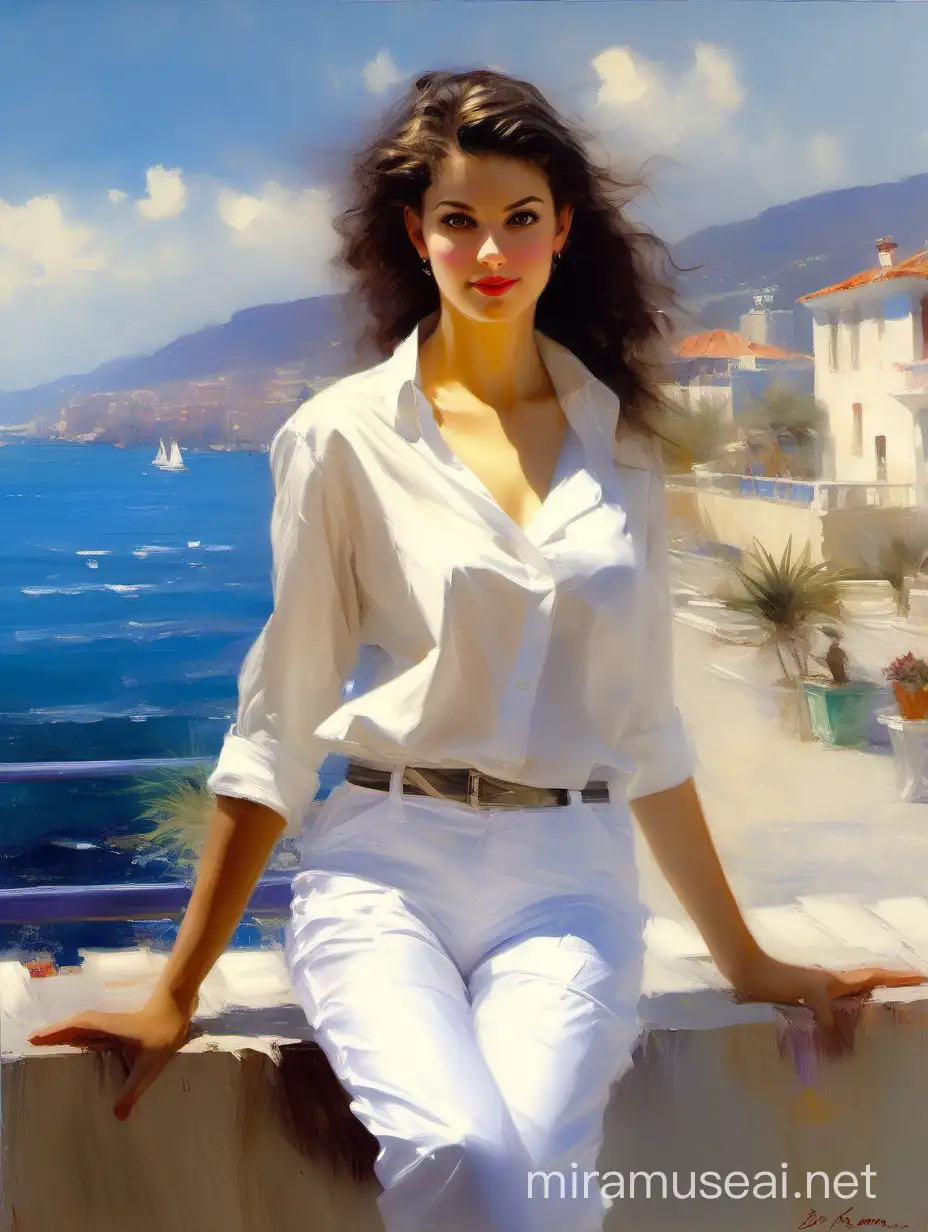 4K Pino Daeni, by Konstantin Razumov, is a dramatic oil painting set against the background of a calm blue Mediterranean seascape of a total figure of a beautiful brunette 21-year-old in a white linen shirt and white linen pants with a serene smile. Oil Paints, Digital Art, thick layers of paint,

Abraham Moyano