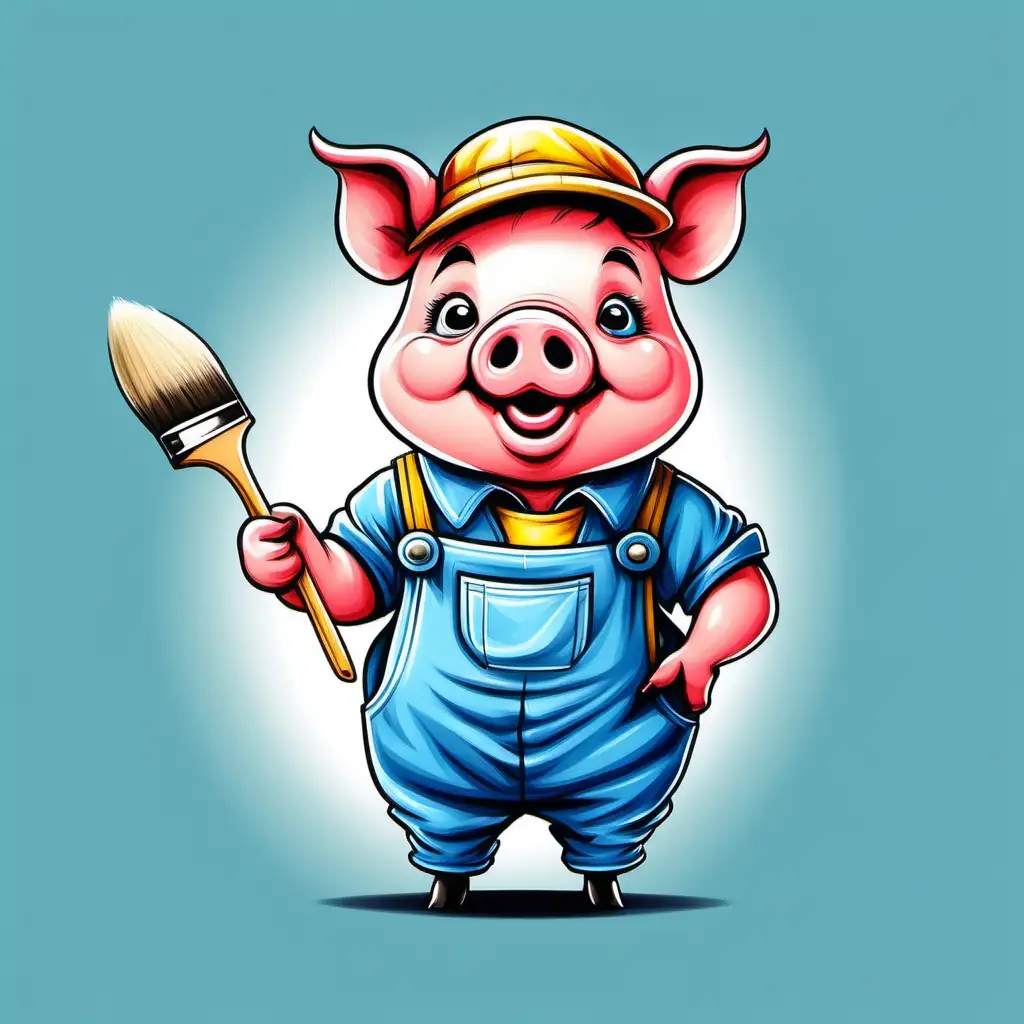 Adorable Cartoon Pig Artist in Blue Outfit Painting