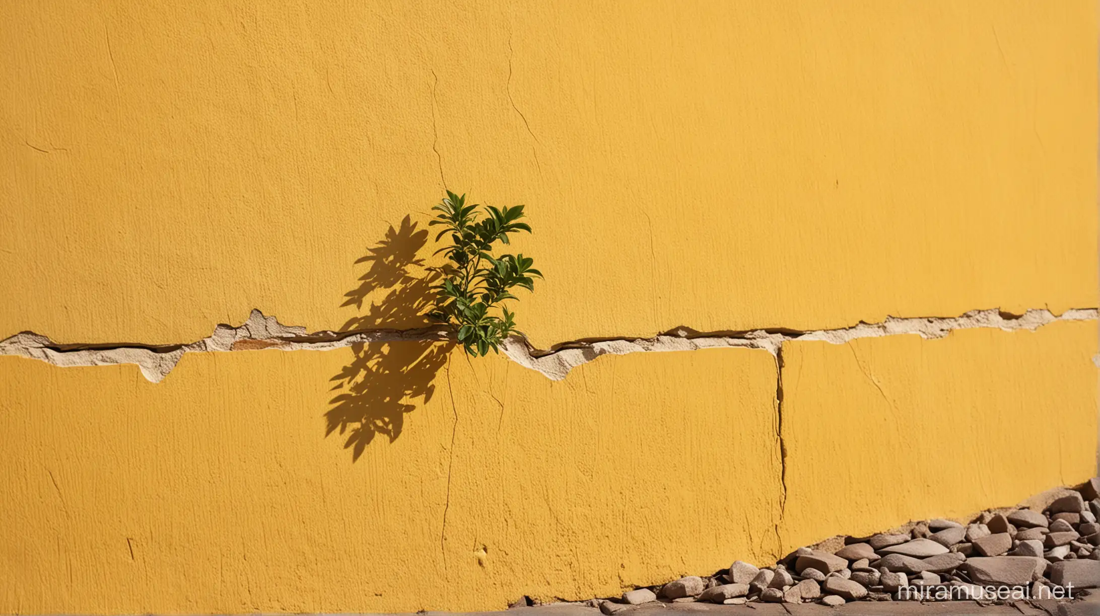 yellow wall with cracks on it, warm welcoming sunlight, small plant merging out from a crack