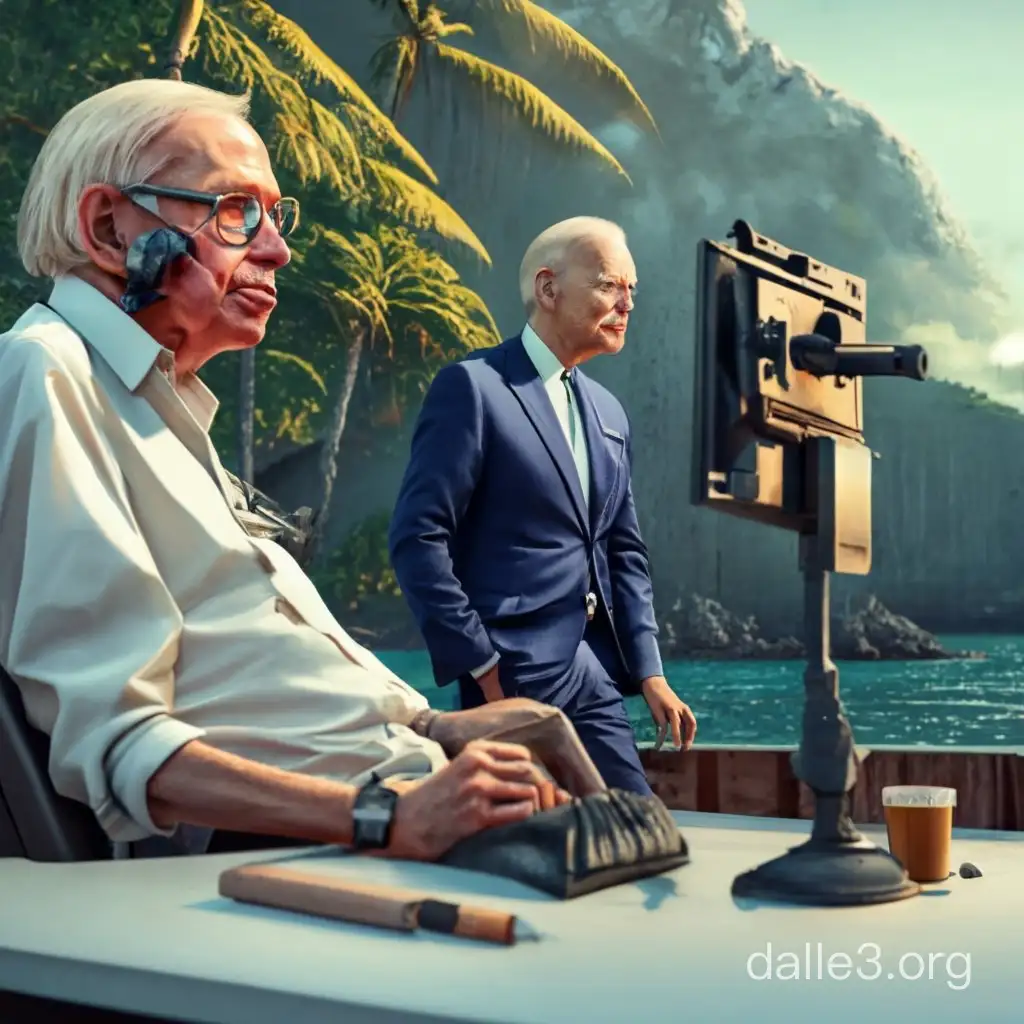 steven hawking with a machine gun on a island with joe biden doing the gritty