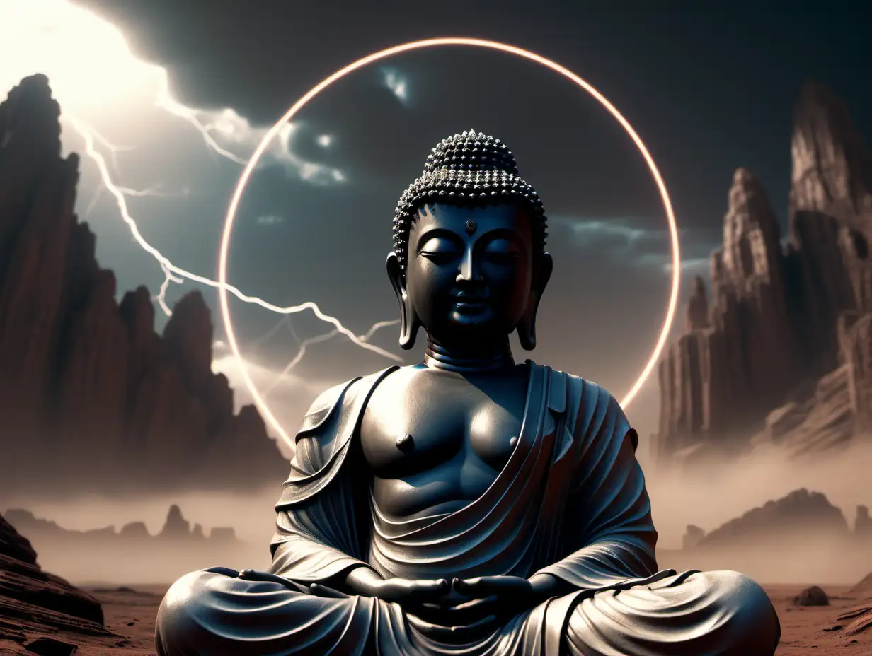 Marsian Black Buddha Statue with Ethereal Halo HyperDetailed Cinematic Rendering