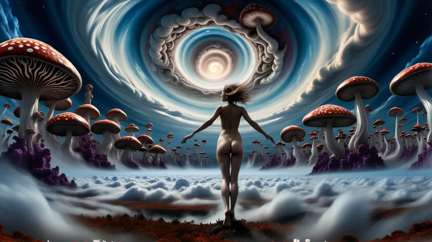 Psychedelic sky with dramatic swirling fluid storm around central eye , alien like world, dreams, indigo fractal mushrooms extending from the ground up to the sky on right and left, nude female figure floating in mid air facing away from viewer with clouds under her feet and up towards the sky with arms extended, hyper realistic, moody and euphoric