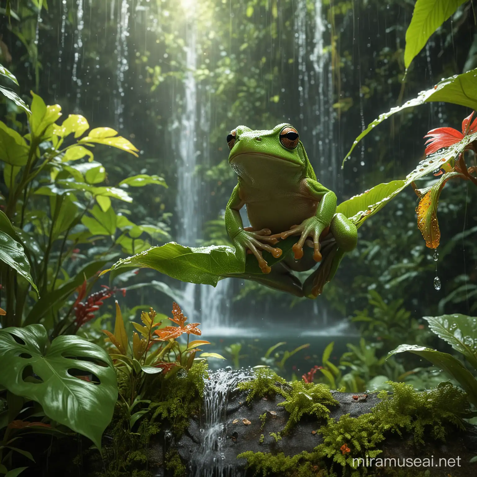 The resilient tree frog in 'Radiant Rainforest', surrounded by the dewdrop lush, verdant, and neon leaf teeming ecosystem, with exotic animals, plants, and cascading waterfalls --ar 3:2 --style raw