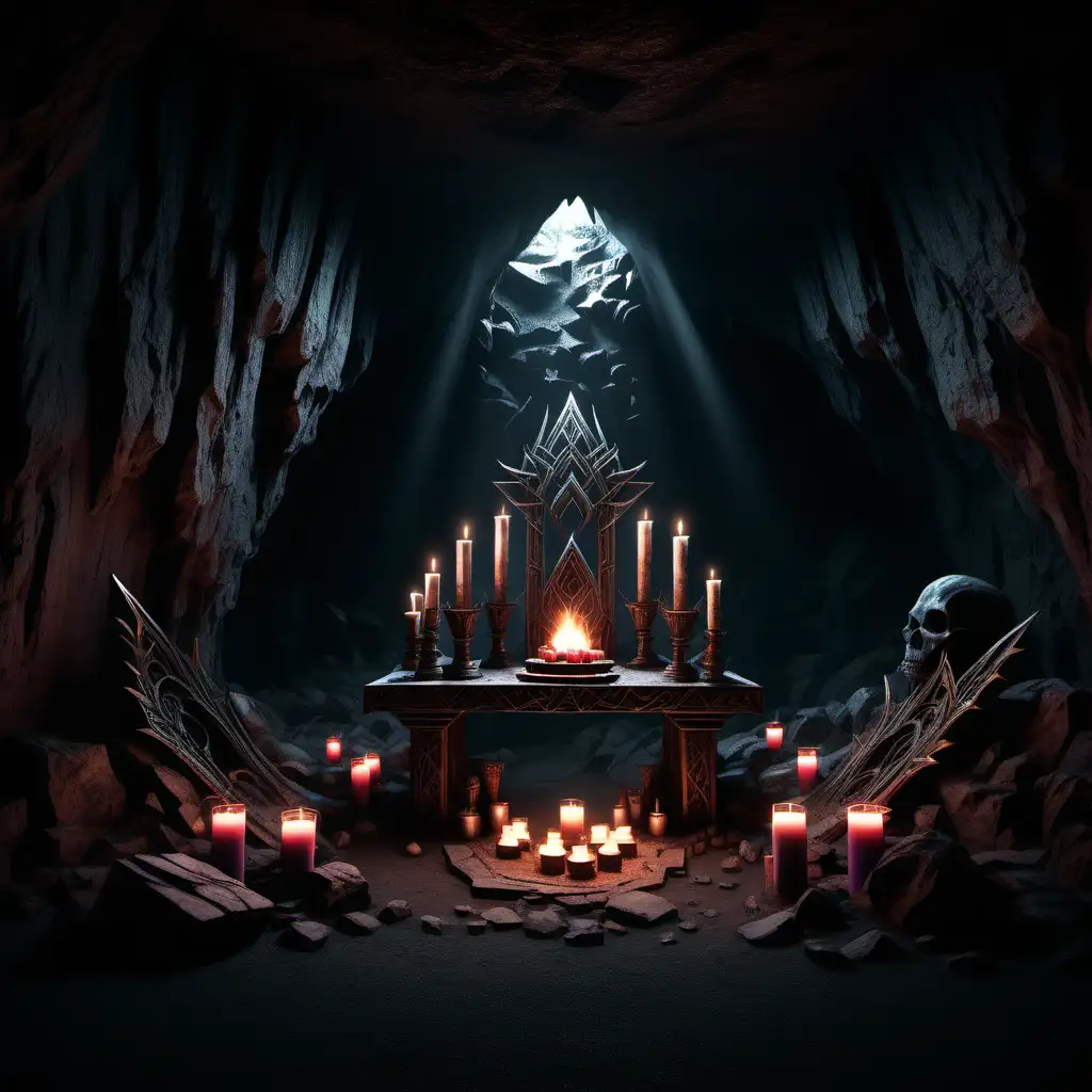 Mystical Sacrificial Altar Illuminated in Dark Cave
