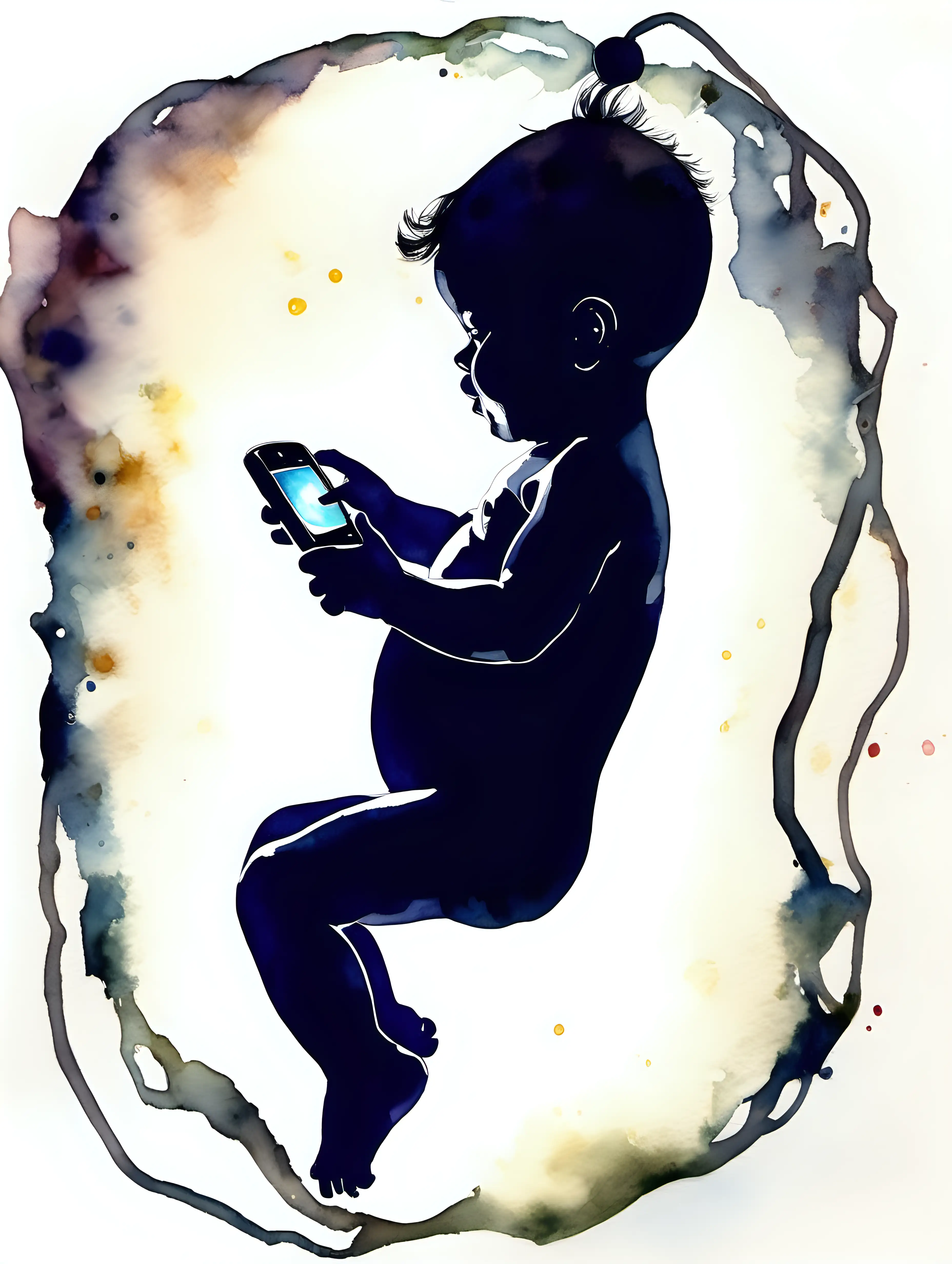 Silhouette of Baby Playing Video Game in Womb with Umbilical Cord Nursery Watercolor Art