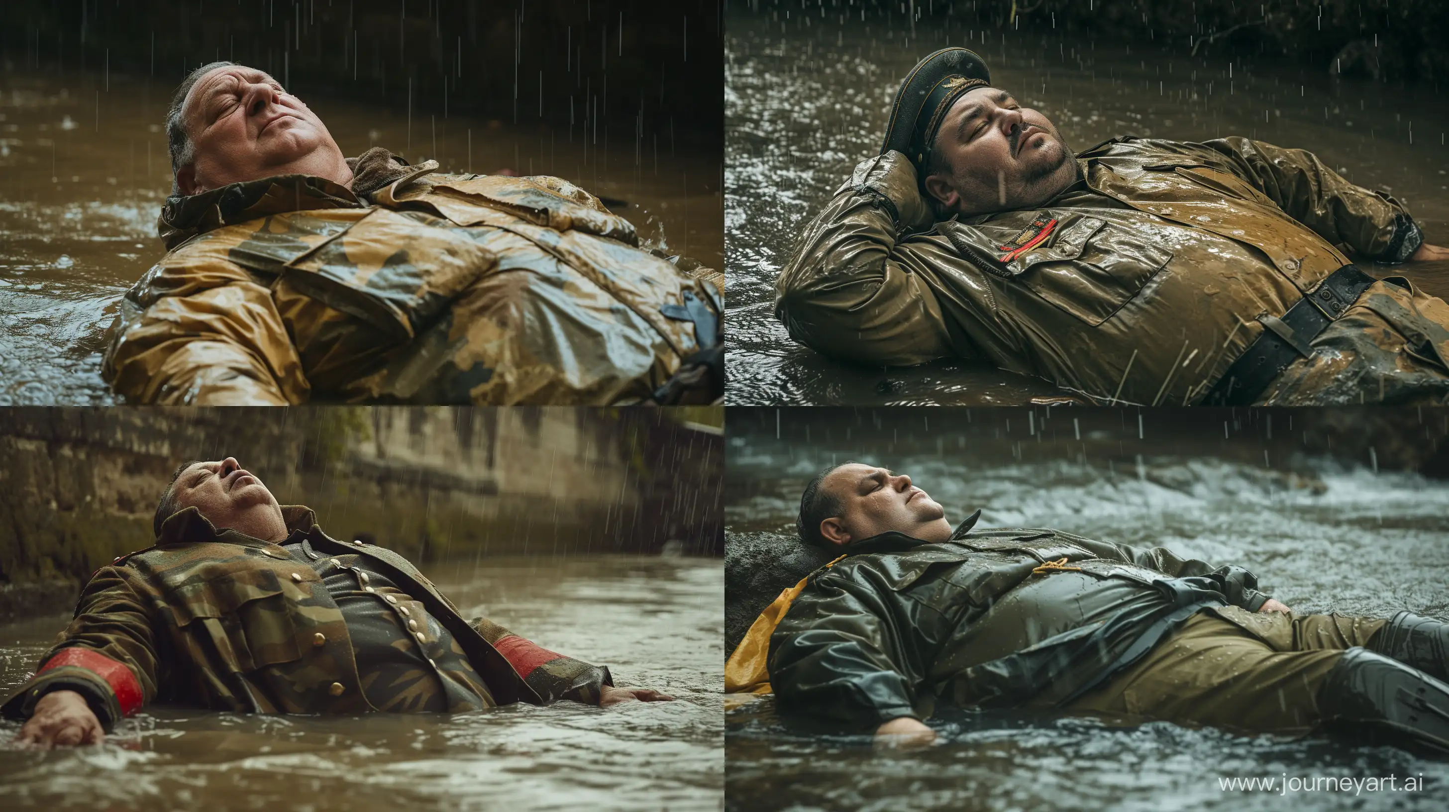 Photo of a fat man aged 60 wearing a french military uniform lying in the rain. Natural Light. River. --style raw --ar 16:9
