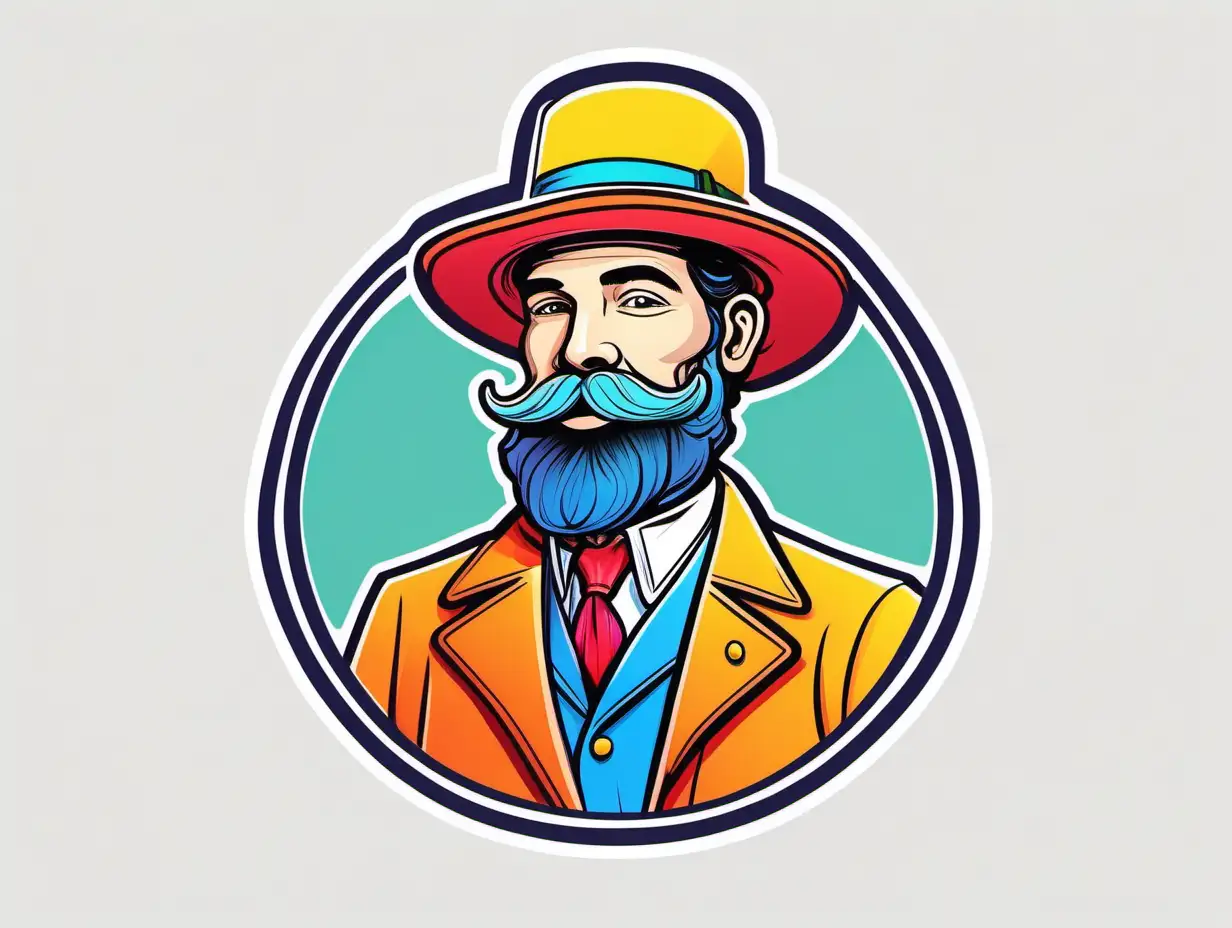 line art cartoon male character with vibrant color, like a sticker, white background in the style of peter max, large hat and coat and large beard with handlebar mustache