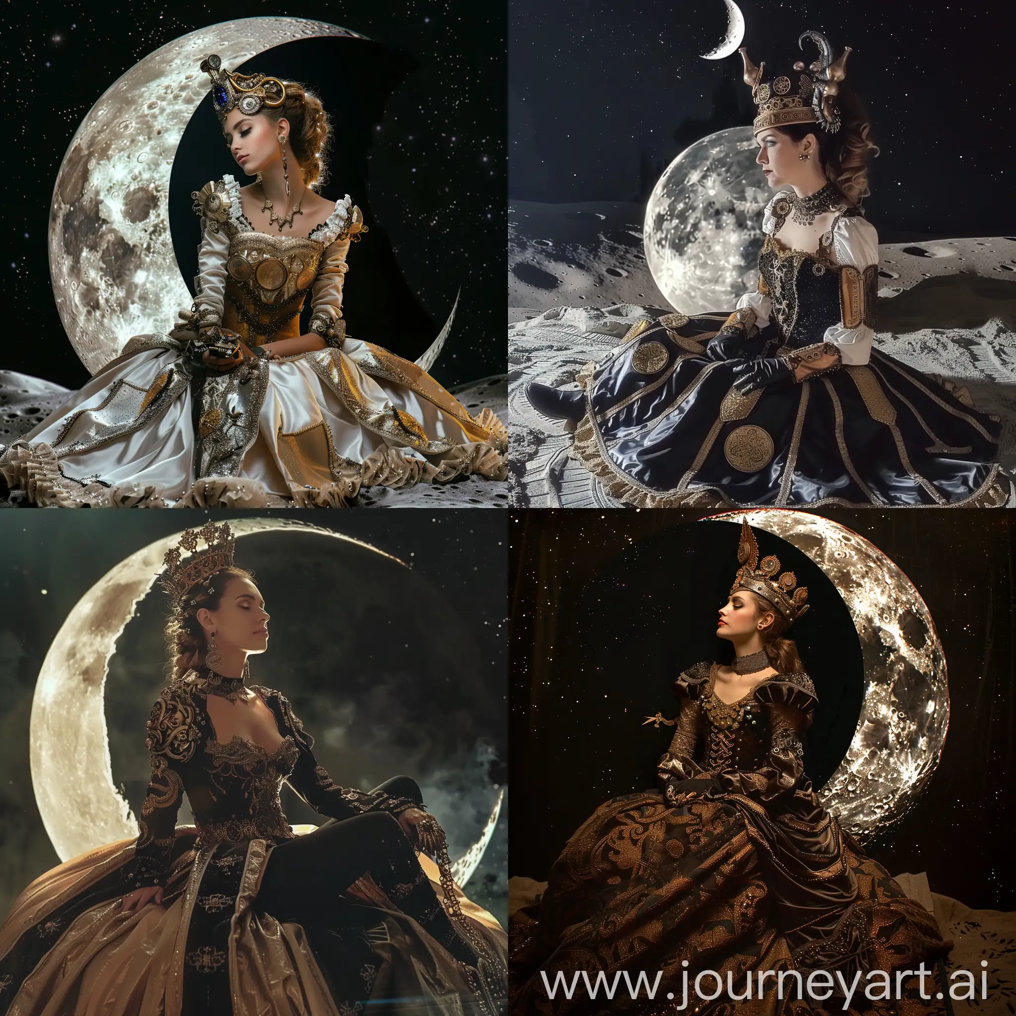 A beautiful medieval steampunk sci fi queen sitting on the moon