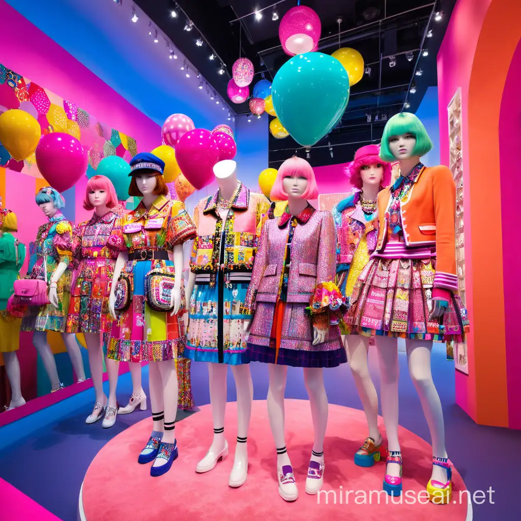 put a museum exhibit of manequins wearing harajuku decora fashion and people walking around looking at them