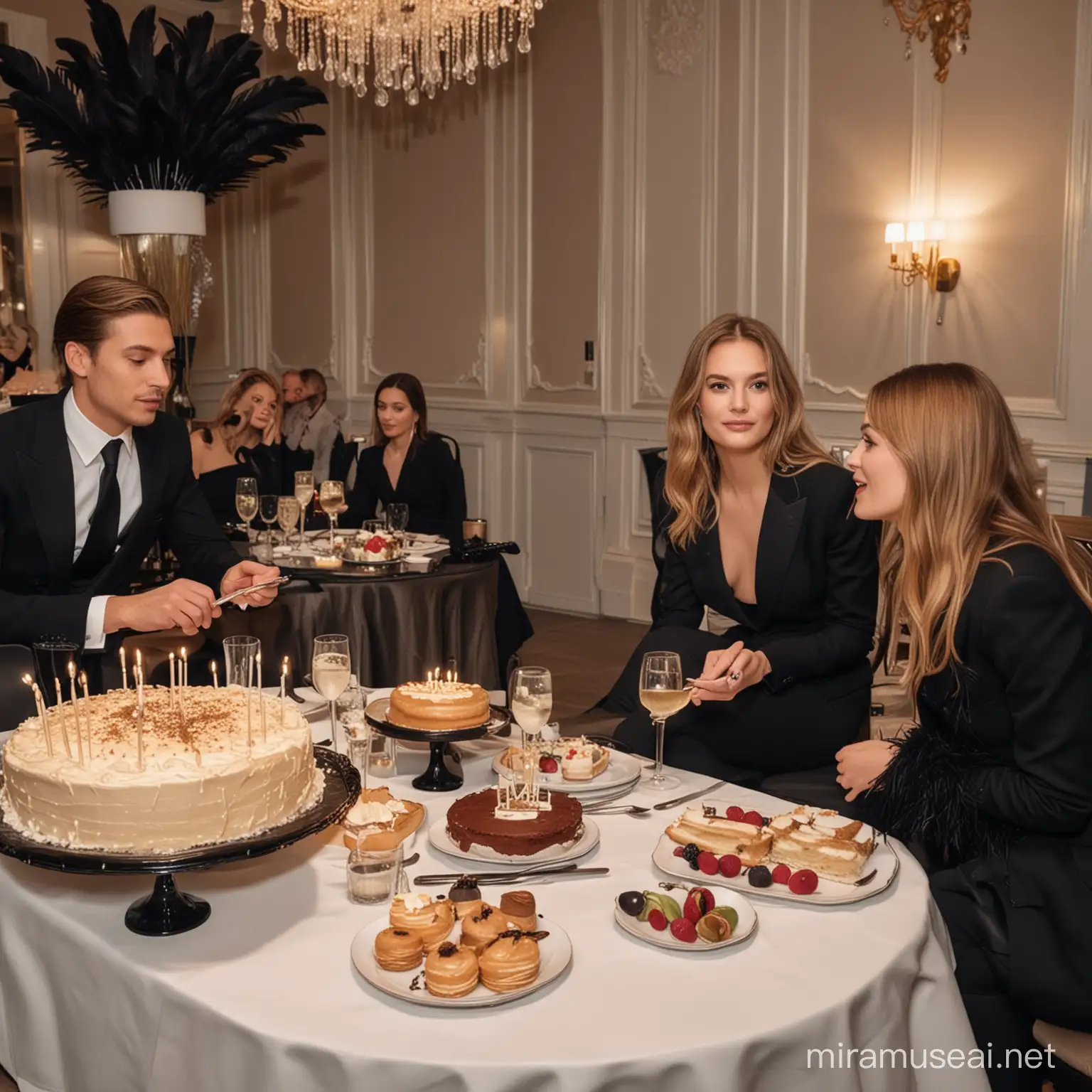 A thin, young woman, with a short neck and short fingers, with small breasts and butt, with long light brown hair. Dressed in a luxurious, black, closed pantsuit with feathers from Dior, shod in black Louboutin shoes. Sits with family at the table of a luxury restaurant with a birthday cake. Random photo