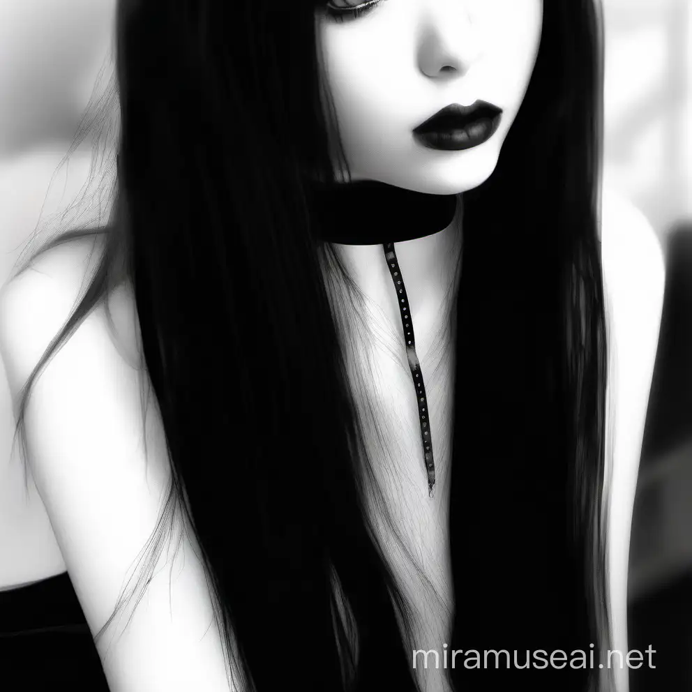 Hyperrealistic Portrait of Girl with Long Black Hair and Black Latex Choker