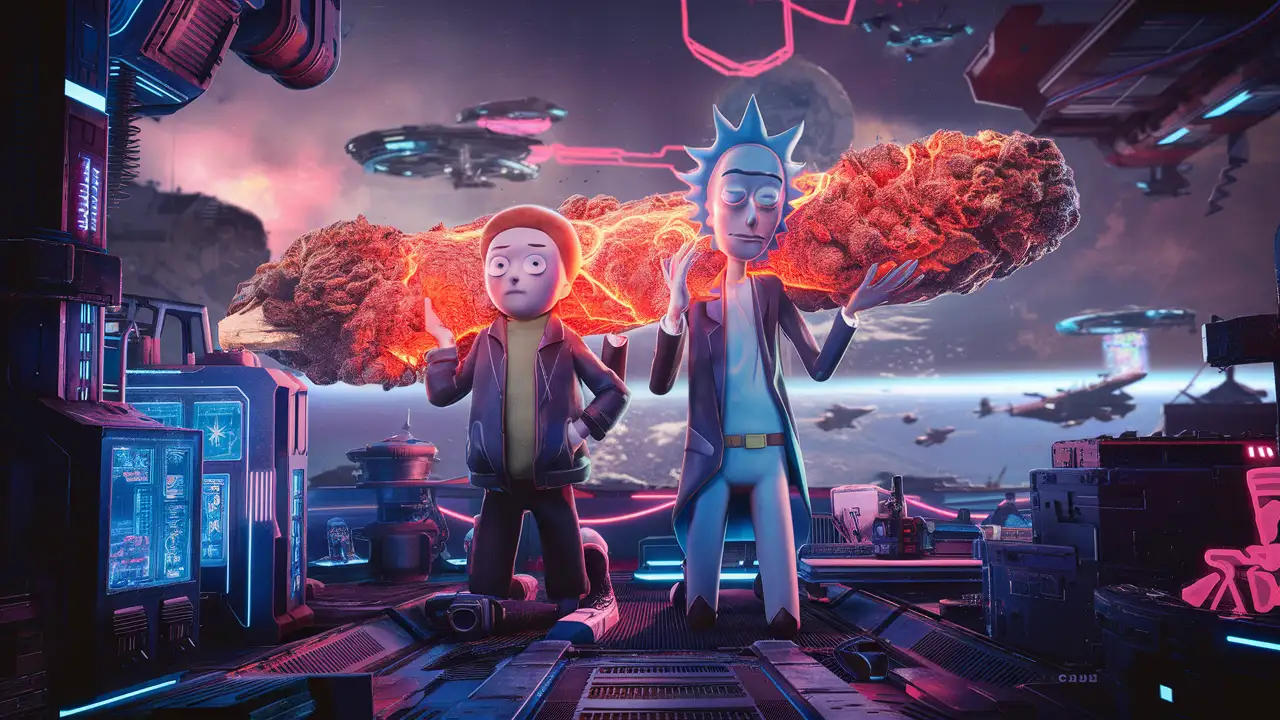 UltraRealistic SciFi Cyberpunk Scene Boss Rick and Morty with Cannabis Joints