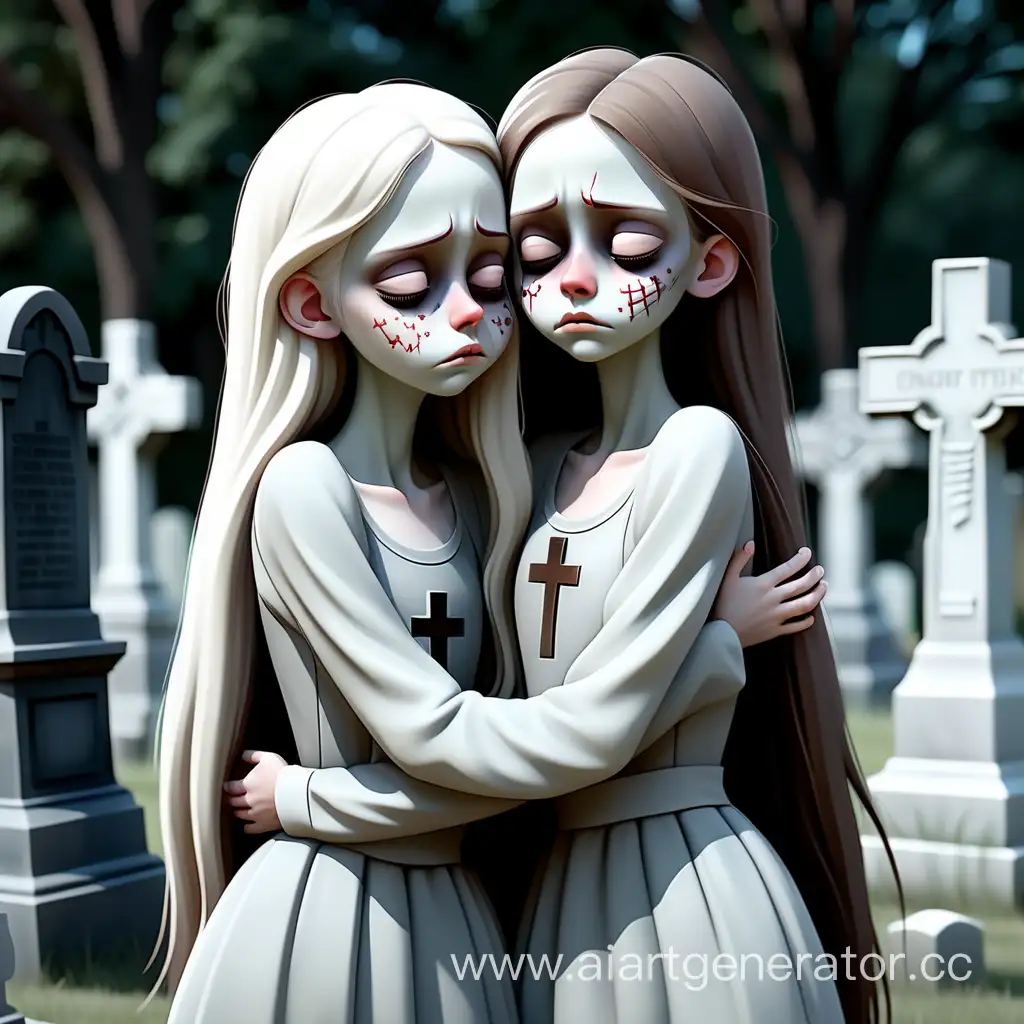 Больная девушка с белой кожей и длинными волосами, обнимает свою сестру-близняшку на кладбище