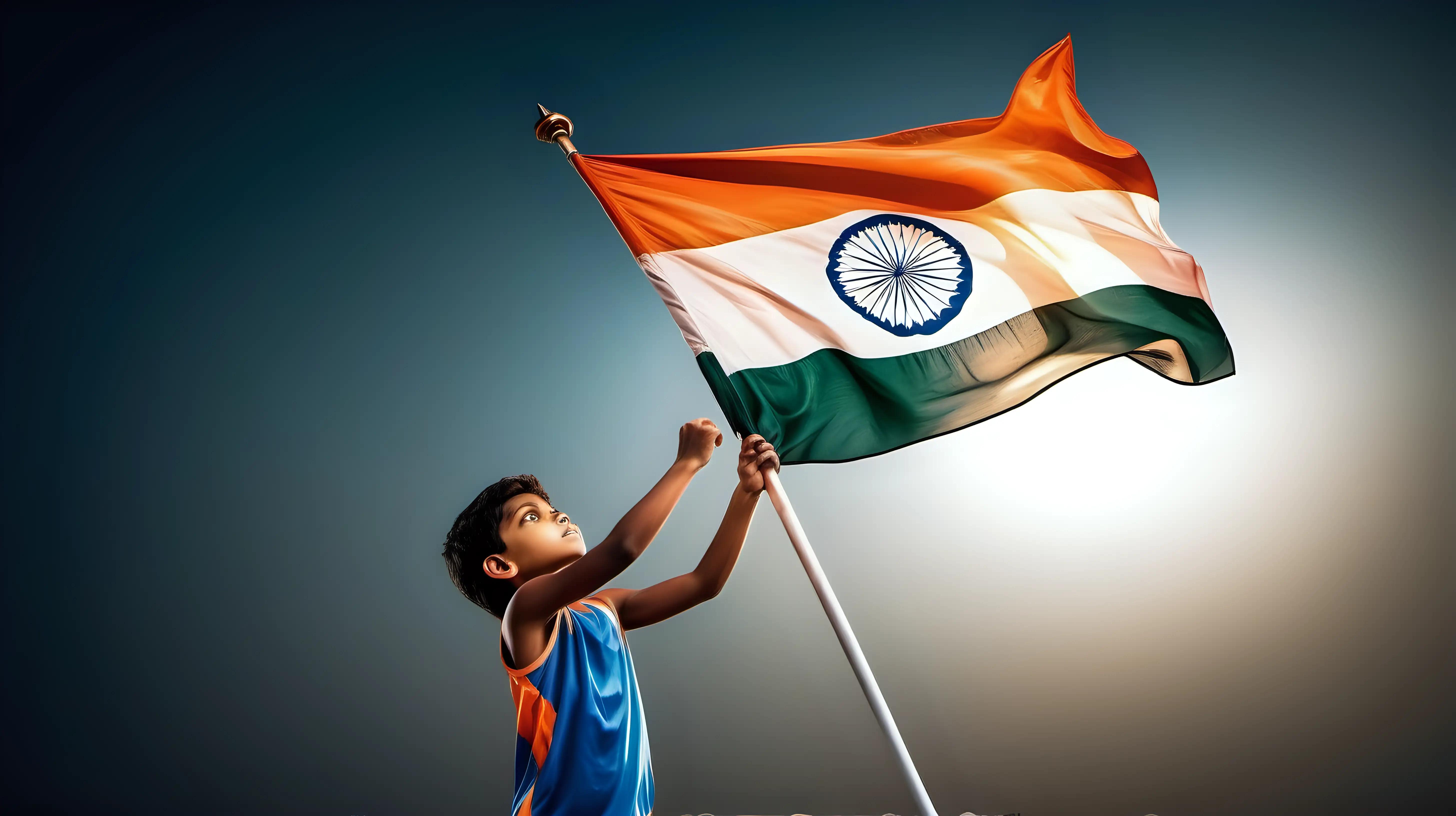 Young Athlete Proudly Raises Glowing Indian Flag in Patriotic Display of Sporting Excellence