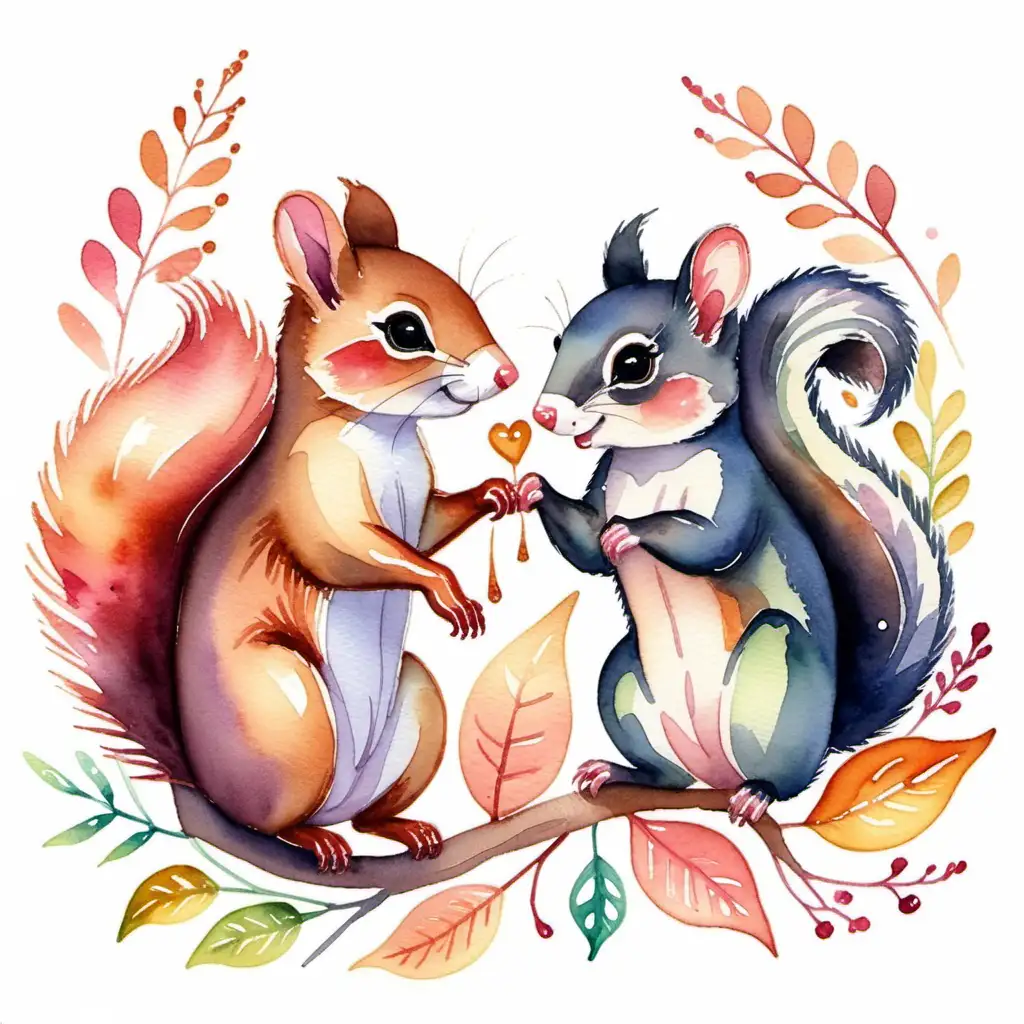 Enchanting Watercolor Illustration of Possums and Squirrels in a Whimsical Forest