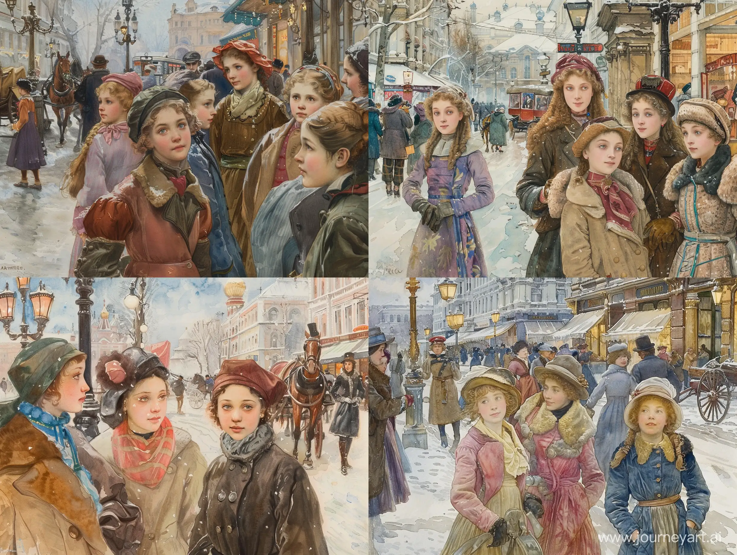 Subject: The central theme of the image is a winter scene in Moskau in 1910, capturing the essence of a busy street Arbat. The focus is on a group of elegant girls, highlighting the fashion and lifestyle of the time. The artist, John Everett Millais, skillfully brings the historic setting to life through his Wathercolor painting. Setting: The background features a bustling street in Moskau during winter, creating a lively atmosphere with people engaging in various activities. The winter setting adds a charming touch, with perhaps snow-covered streets and vintage architecture Arbat. Style/Coloring: Millais employs the classic style of oil painting, using rich and warm colors to evoke the ambiance of the early 20th century. The winter palette may include cool tones like blues and grays, contrasting with the vibrant colors of the girls' clothing. Action: The girls are depicted engaging in daily life activities, suggesting movement and vivacity. Millais captures the dynamic energy of the busy street, enhancing the narrative of the era. Items/Costume: The girls are likely adorned in fashionable clothing of the time, showcasing the trends and styles prevalent in 1910 Moskau. The painting may feature accessories such as hats, gloves, and other period-specific items. Appearance: The characters' appearances are refined and sophisticated, reflecting the societal norms and fashion of the early 20th century. Millais pays attention to detail, emphasizing the unique facial expressions and features of each individual. Accessories: The accessories in the painting, such as street lamps, horse-drawn carriages, and storefronts, contribute to the historical context. These details add depth and authenticity to the overall composition.