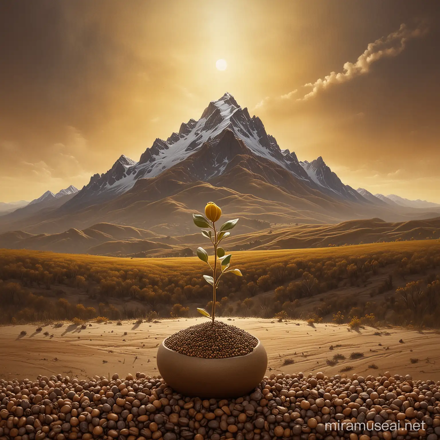  A symbolic portrayal of faith, a tiny mustard seed poised to move mountains, with a significant, potential-laden seed conveying unwavering belief. Earthy tones enrich this spiritual art,