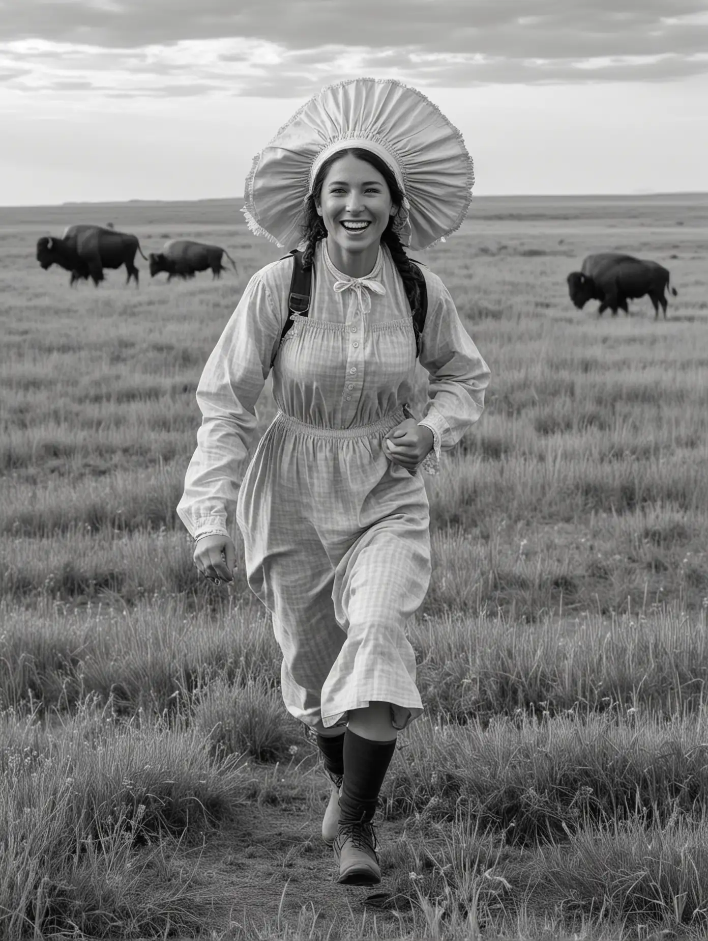 Pioneer Woman Running Through Prairie with Buffalo in Black and White