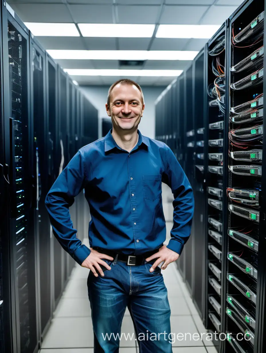 Человек, мужчина, возраст 40 лет, худощавого телосложения, в обычной одежде, улыбается, стоит в центре обработки данных, вокруг множество стоек с серверами, висят провода, держит в руках компьютерную мышь за проводок