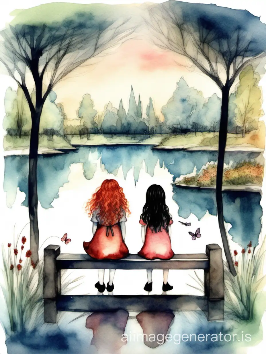 there are two girls in a picture. first girl with red curly hair is sitting on a bench on the left side, second on the right side is a girl with straight black hair and bangs in a park by the lake. The image has a dreamy mood. drawing in the style of a fairy tale painted in watercolor
