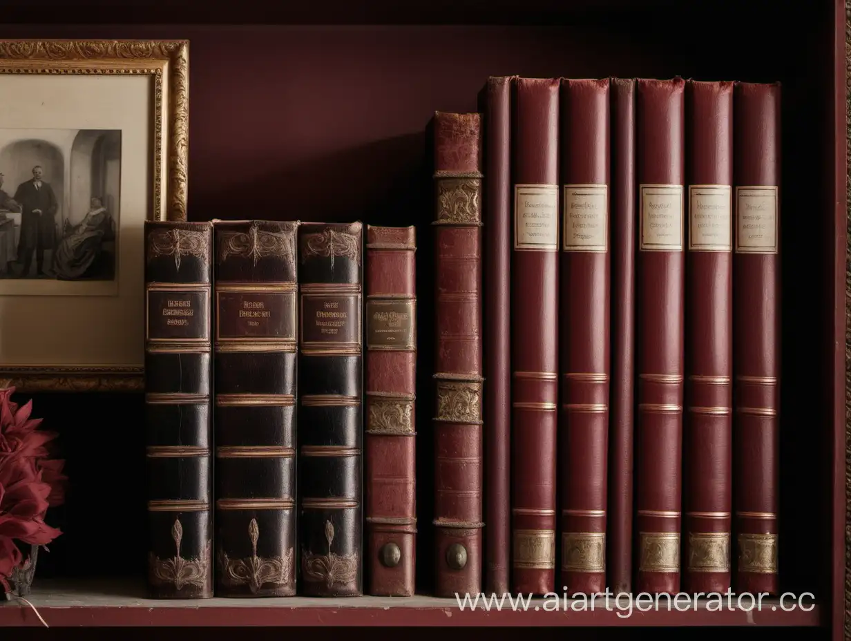 крупным планом  четыре тома закрытых книг бордовых в твердом переплёте стоят на полке старого книжного шкафа , фотографии в рамках, сухой букет, спинка старинного стула 