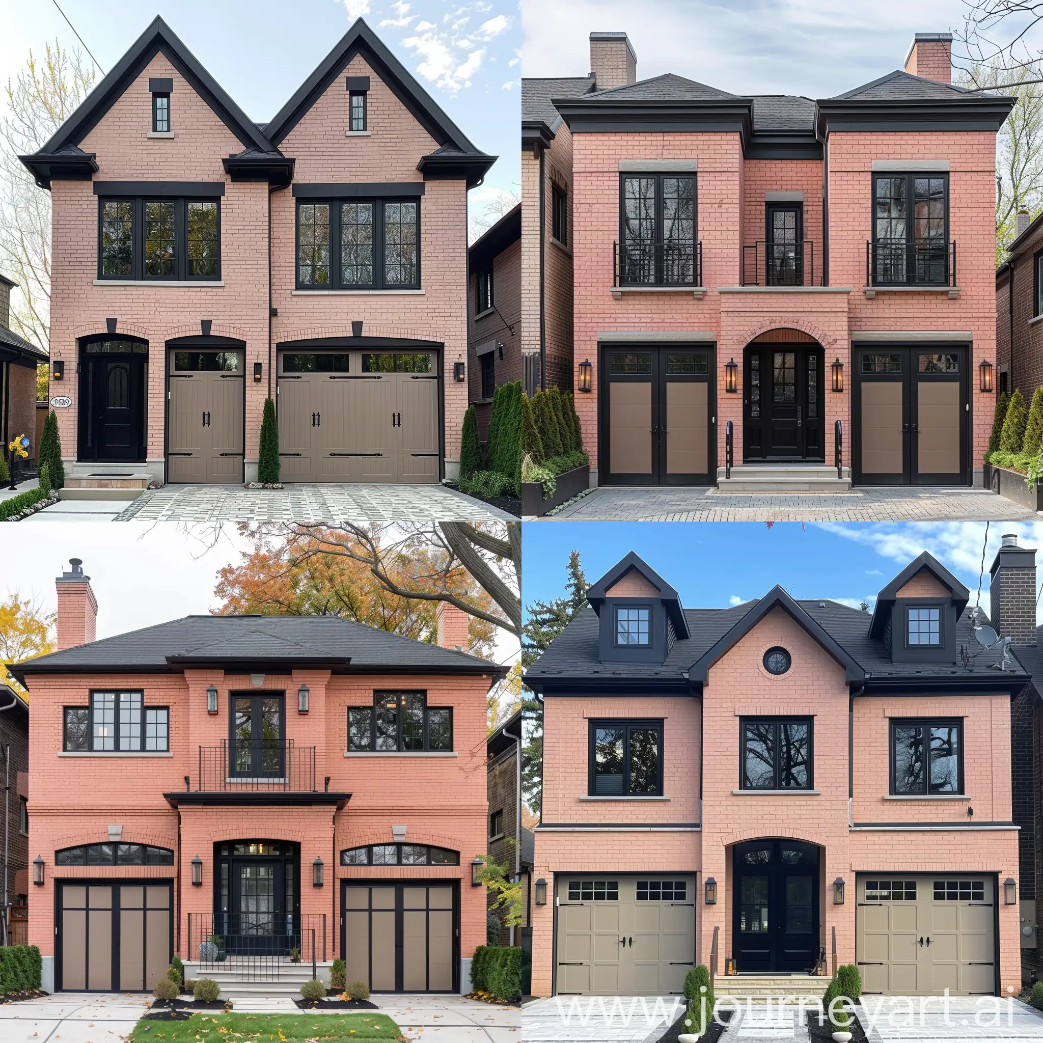 Show me a two storey residential home with salmon pink brick, black windows, black doors, and a taupe colored double door garage
