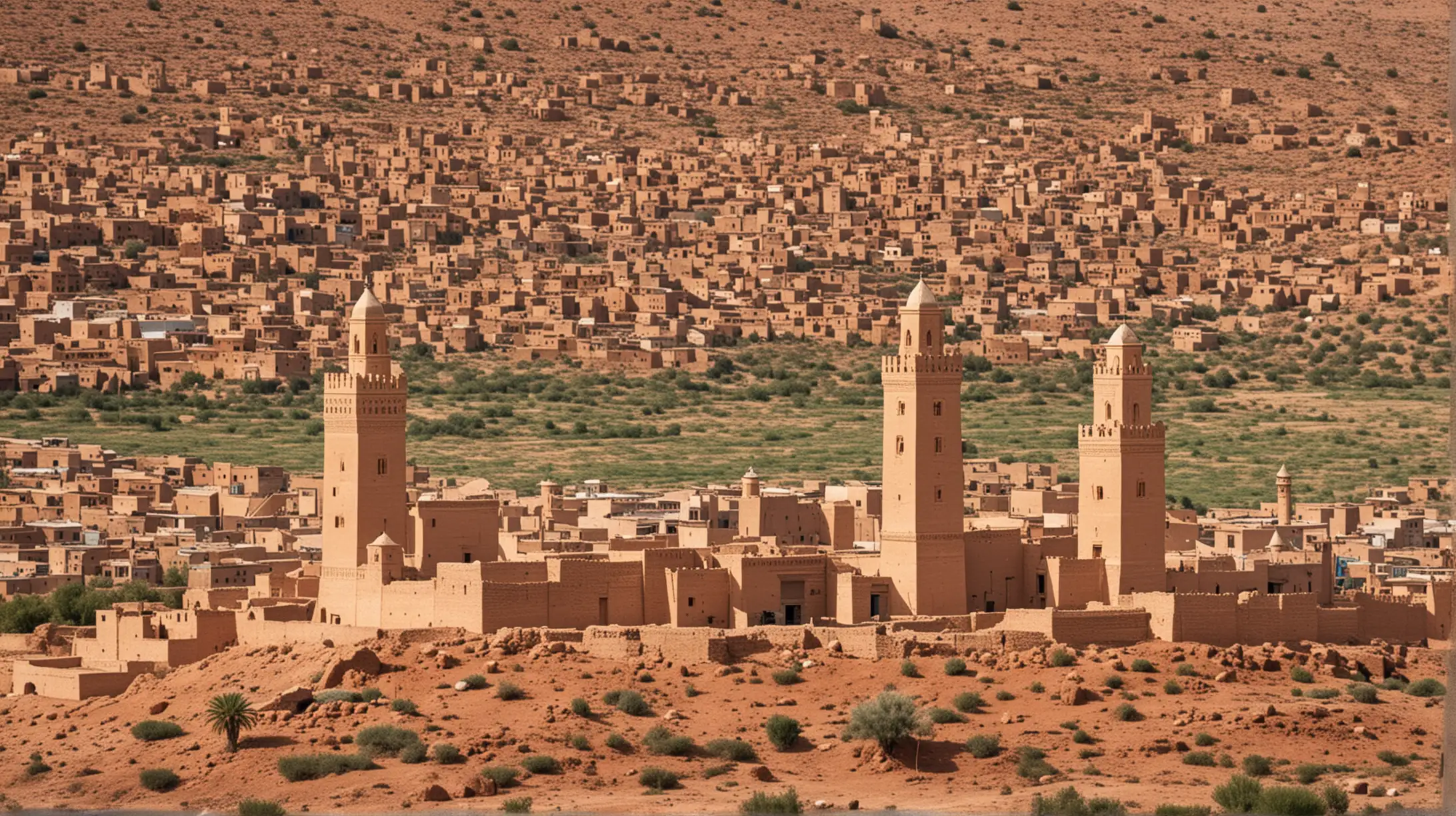 outskirts of a Moroccan traditional village, few minarets, close view, midday light