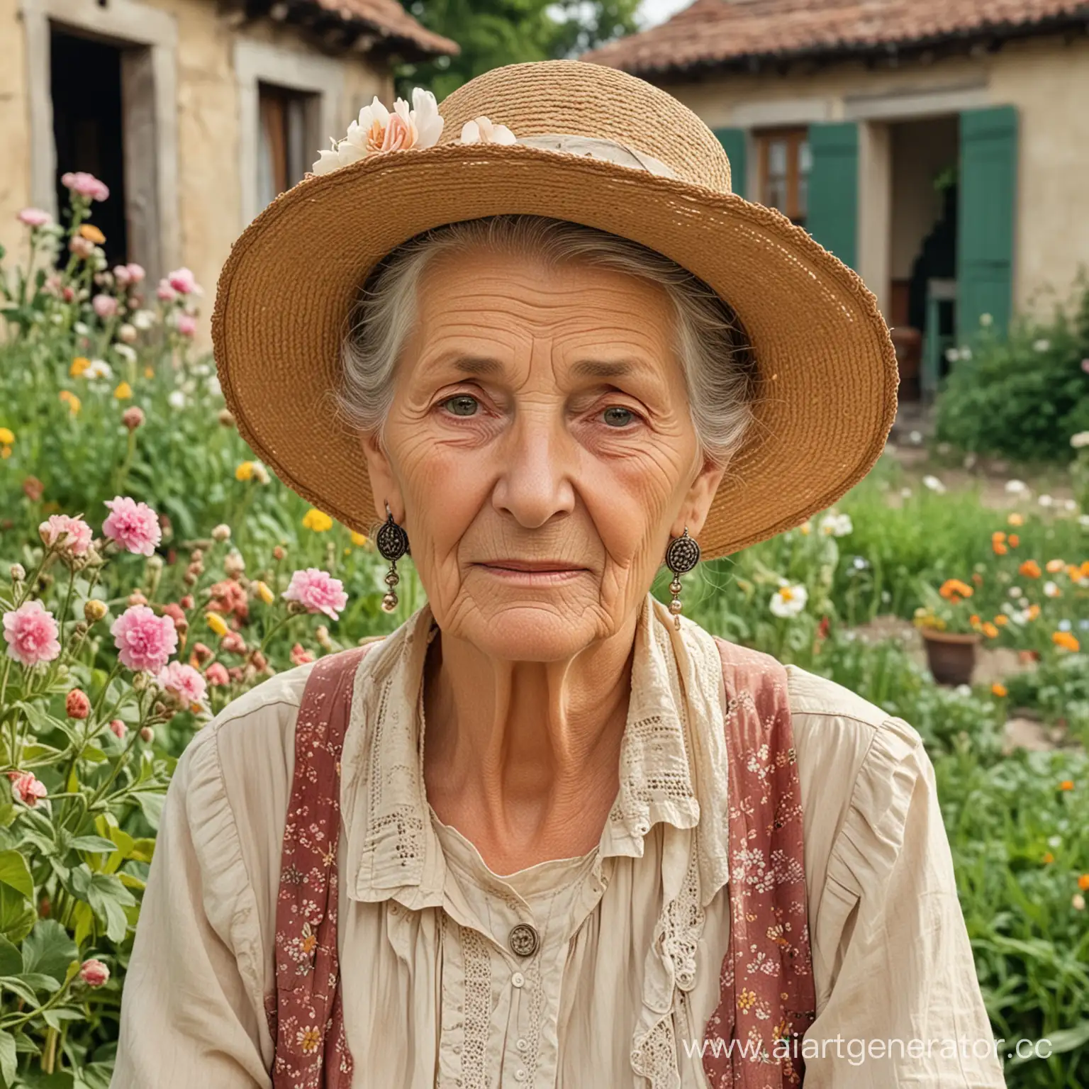 Elderly-Woman-Adorning-Her-Garden-with-Vintage-Elegance-and-19th-Century-Charm