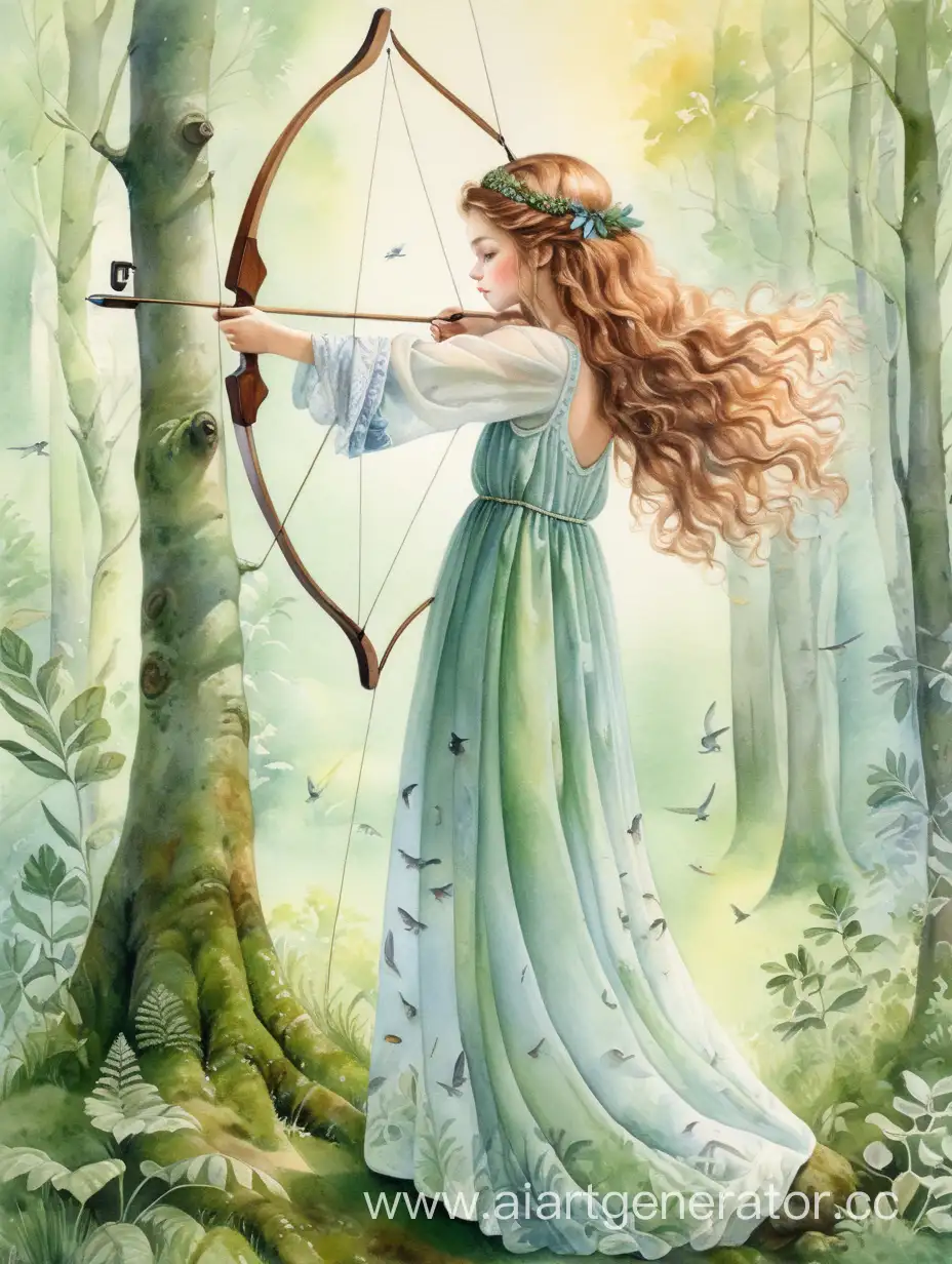 Serene-Forest-Scene-Slavic-Girl-Shooting-Bow-in-Soft-Watercolor