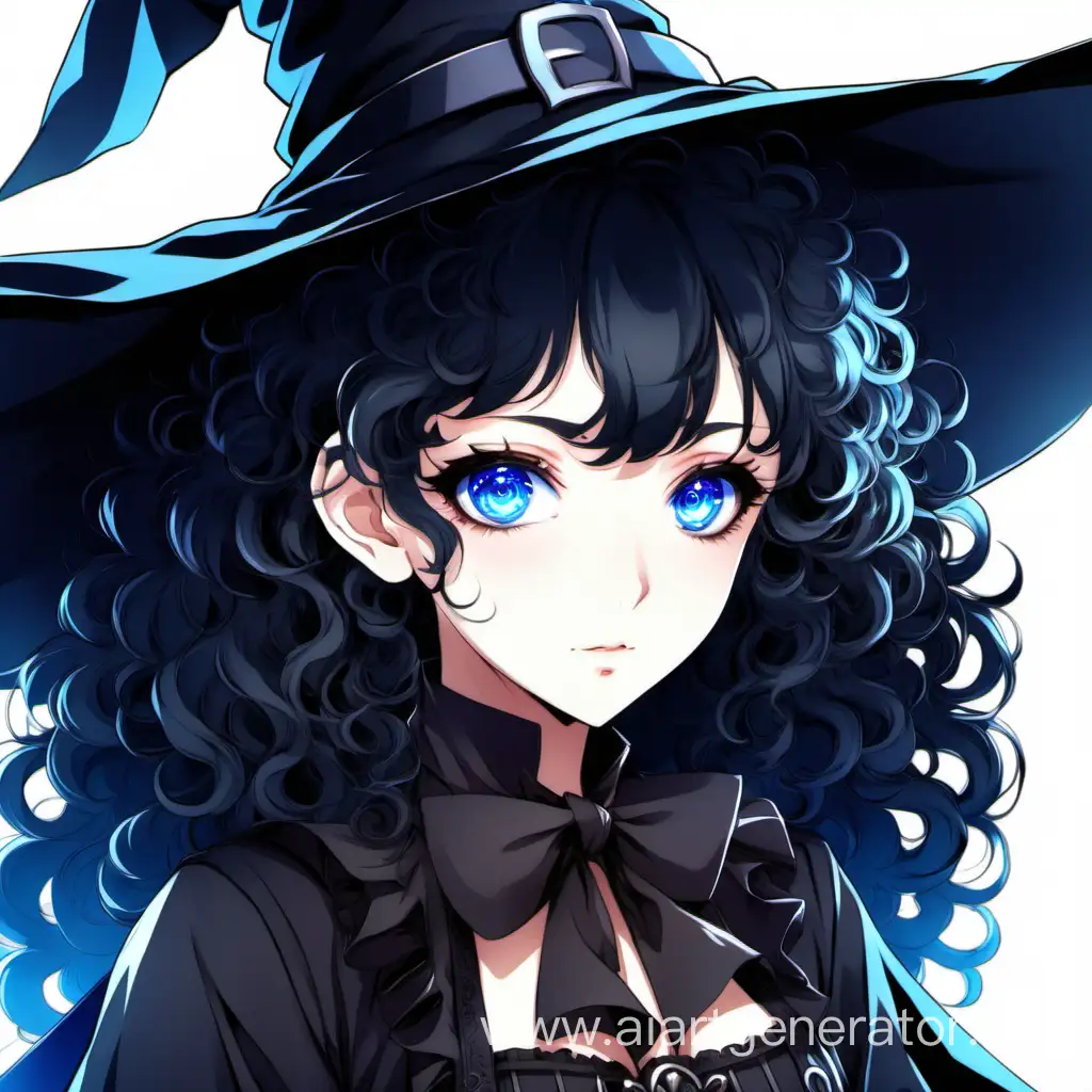 anime girl with black curly hair and blue eyes. in witch attire
