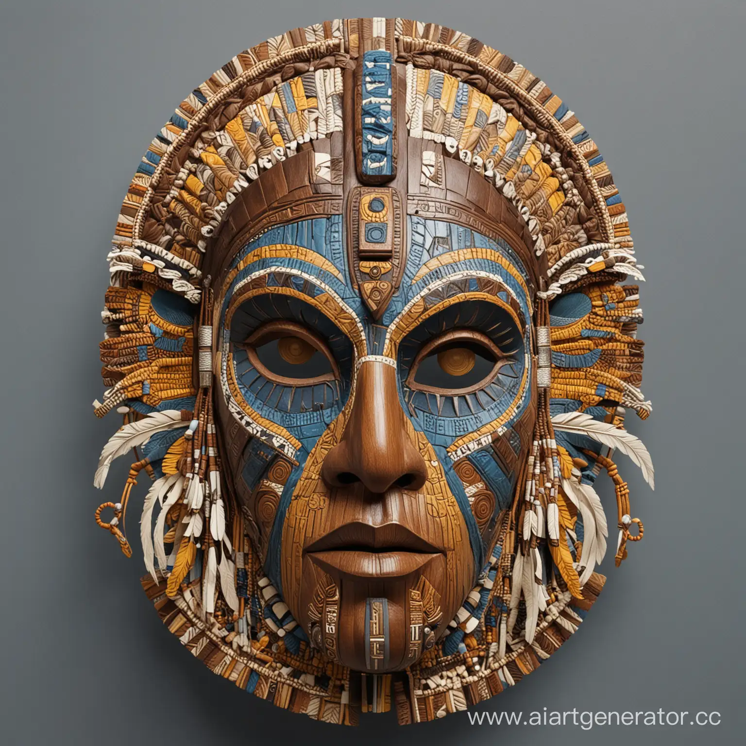 Australian-Aboriginal-Masks-Intricate-Fanciful-Ethnic-Style-with-Detailed-Brown-Yellow-Blue-and-White-Color-Palette
