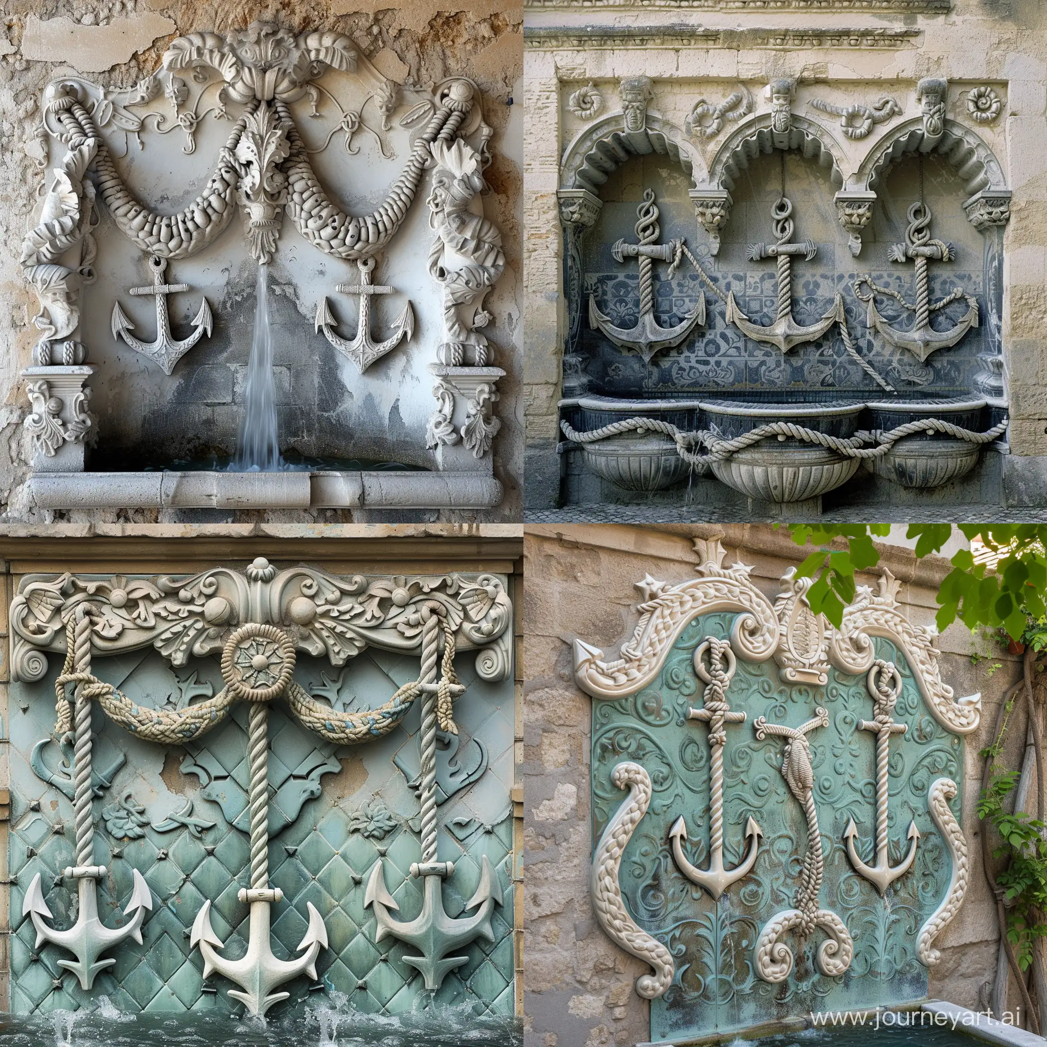 Maritime-Elegance-Sea-Vehicles-Anchored-by-Baroque-Patterned-Wall-Fountain