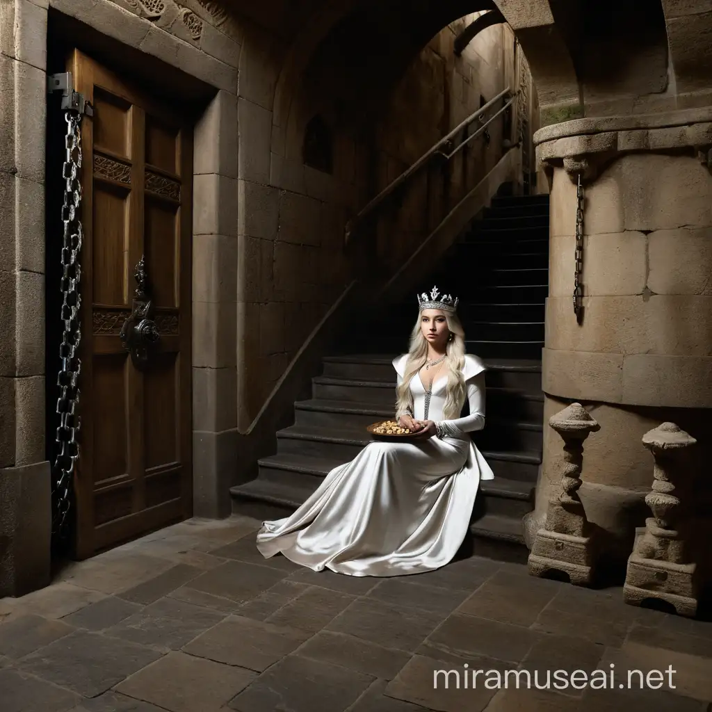 Elegant Queen in a Luxurious Gown Seated at Spiral Staircase