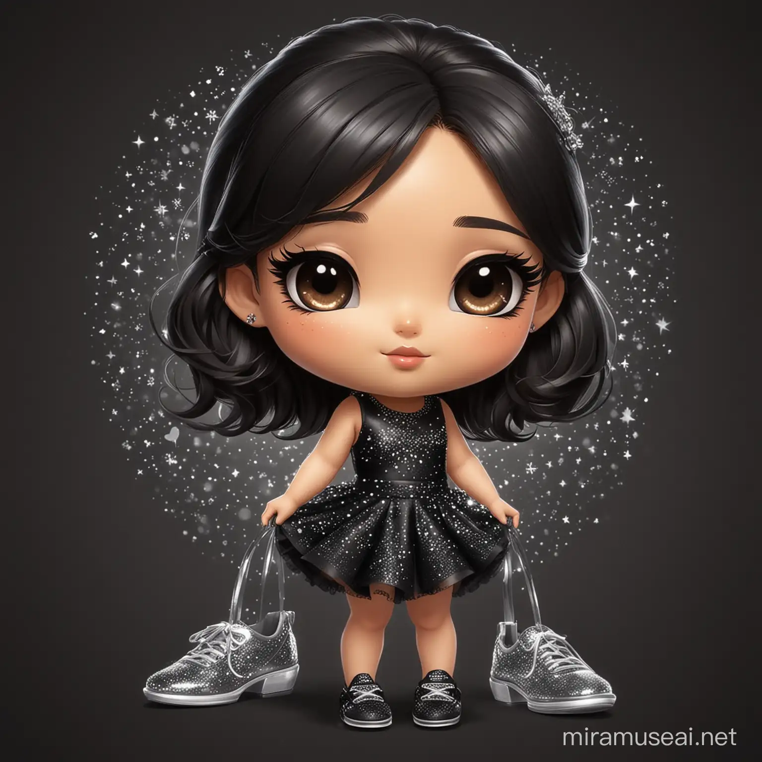 Chibi latina Girl, beautiful asian face with a glittery black background dressed in black elegant dress and silver shoes with the name of "Catalina"