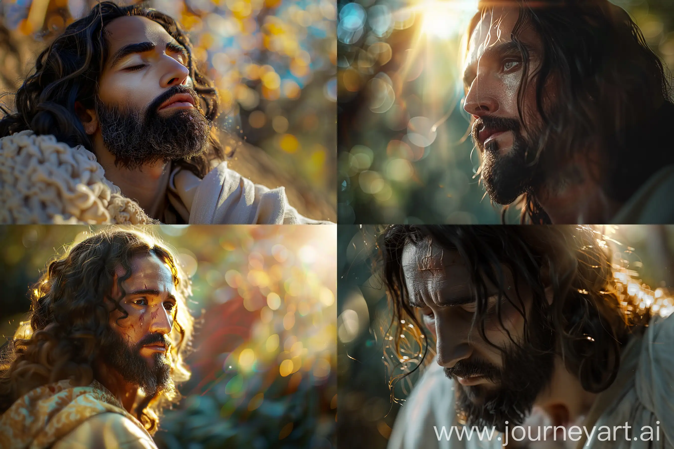 photorealistic Jesus, full-face photo, divine photo, ultrarealistic, detailed, RTX, shot on Canon EOS R6, bokeh, —ar 3:2