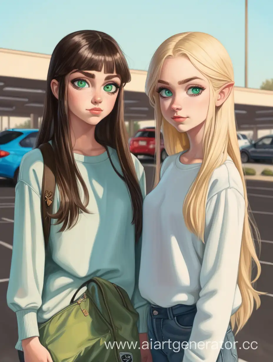 Two-Girls-with-Different-Hair-and-Eye-Colors-Standing-in-Parking-Lot