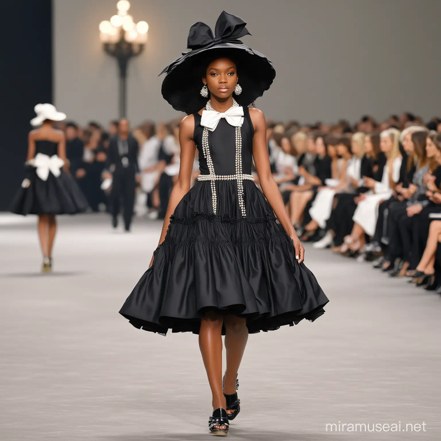 llustrate an African American model wearing a sleeveless baby doll black dress that is bell shaped at the bottom, the dress is wrapped at the waist with a a big white bow. She is wearing a big black floppy hat and pearl earrings. She is walking down a Chanel Fashion show runway