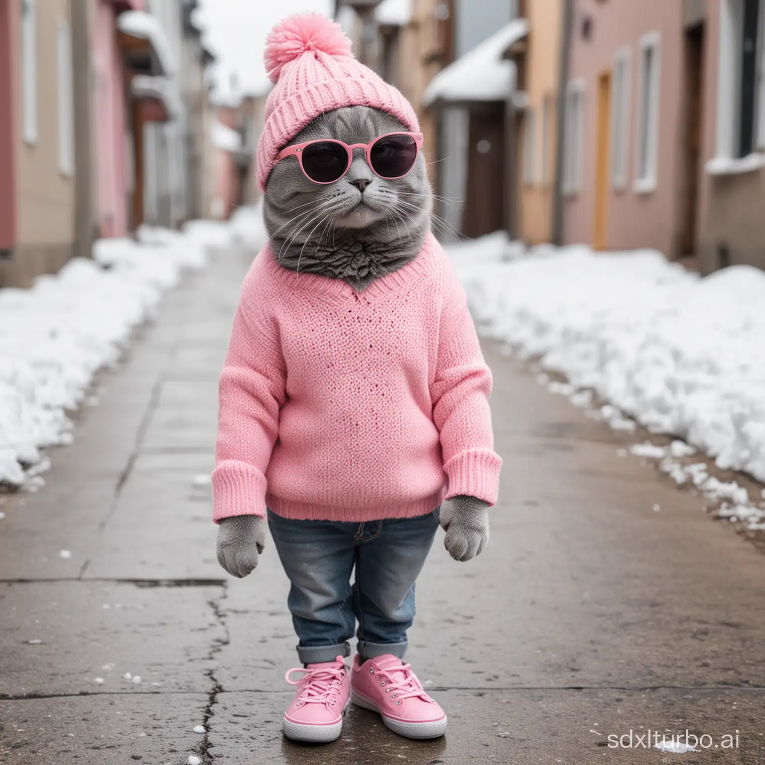a grey color cat wear pink sweater and jeans, with  sunglasses, hat,  with shoes, walk on a snow street