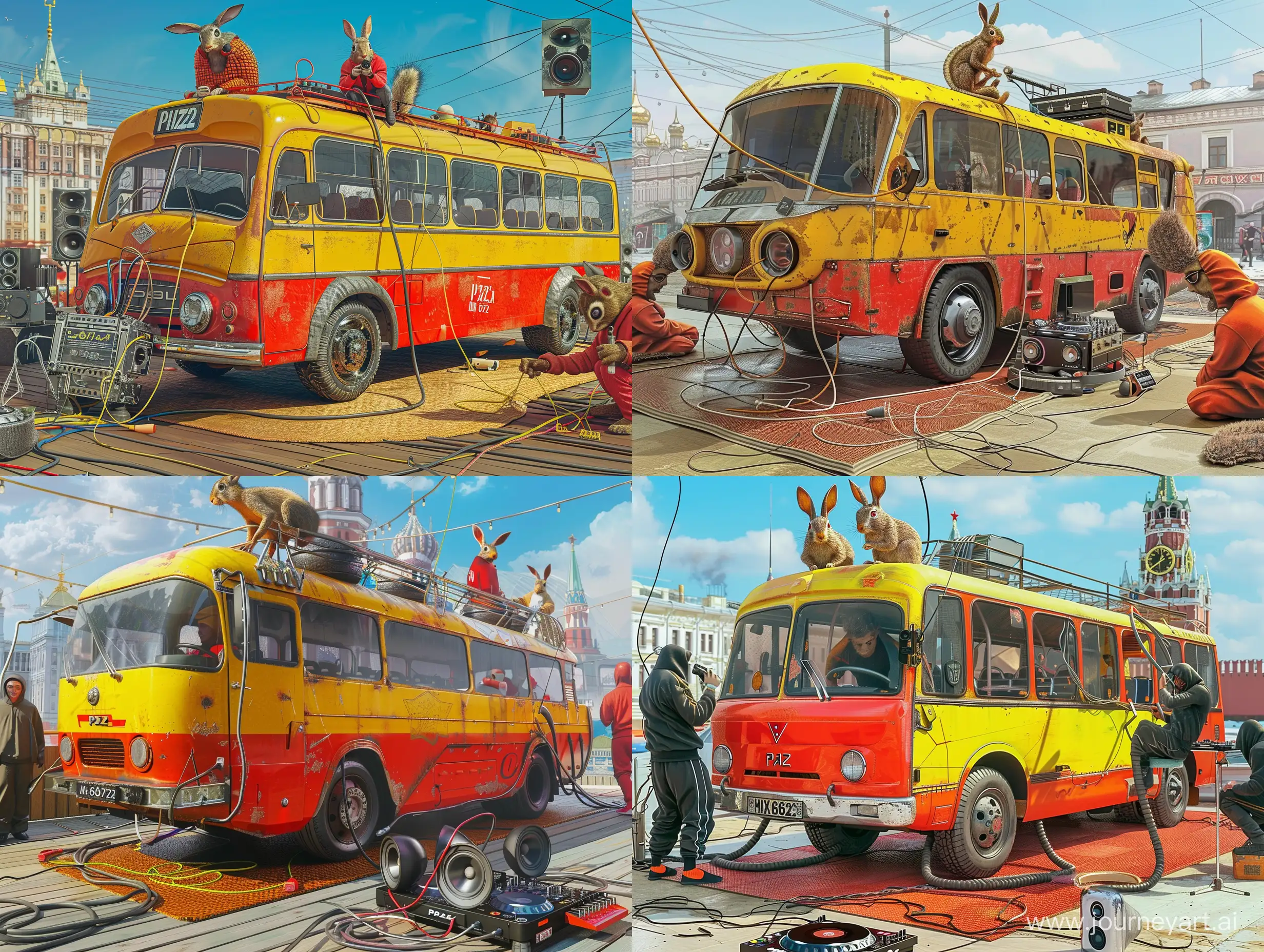 Bus Soviet PAZ 672 In tuning, commercial photo retouching, photorealism, good Rendering, red yellow, metal, futuristic tuning body kit, wheels on 30-inch alloy wheels, in the center of Moscow, visible in the background in Moscow City, the bus stands on a mat of Uzbek origin, next to the bus there are people with the heads of Hares they are wearing tracksuits and eating carrots, wires are coming off the bus and connected to audio speakers that stand next to the bus, on the roof of the bus there is a DJ in the form of a mad squirrel who plays on a DJ player, commercial illustration with gorgeous photo realism that are used in glossy magazines, irony, humor, arrogance, intense, a little oriental style