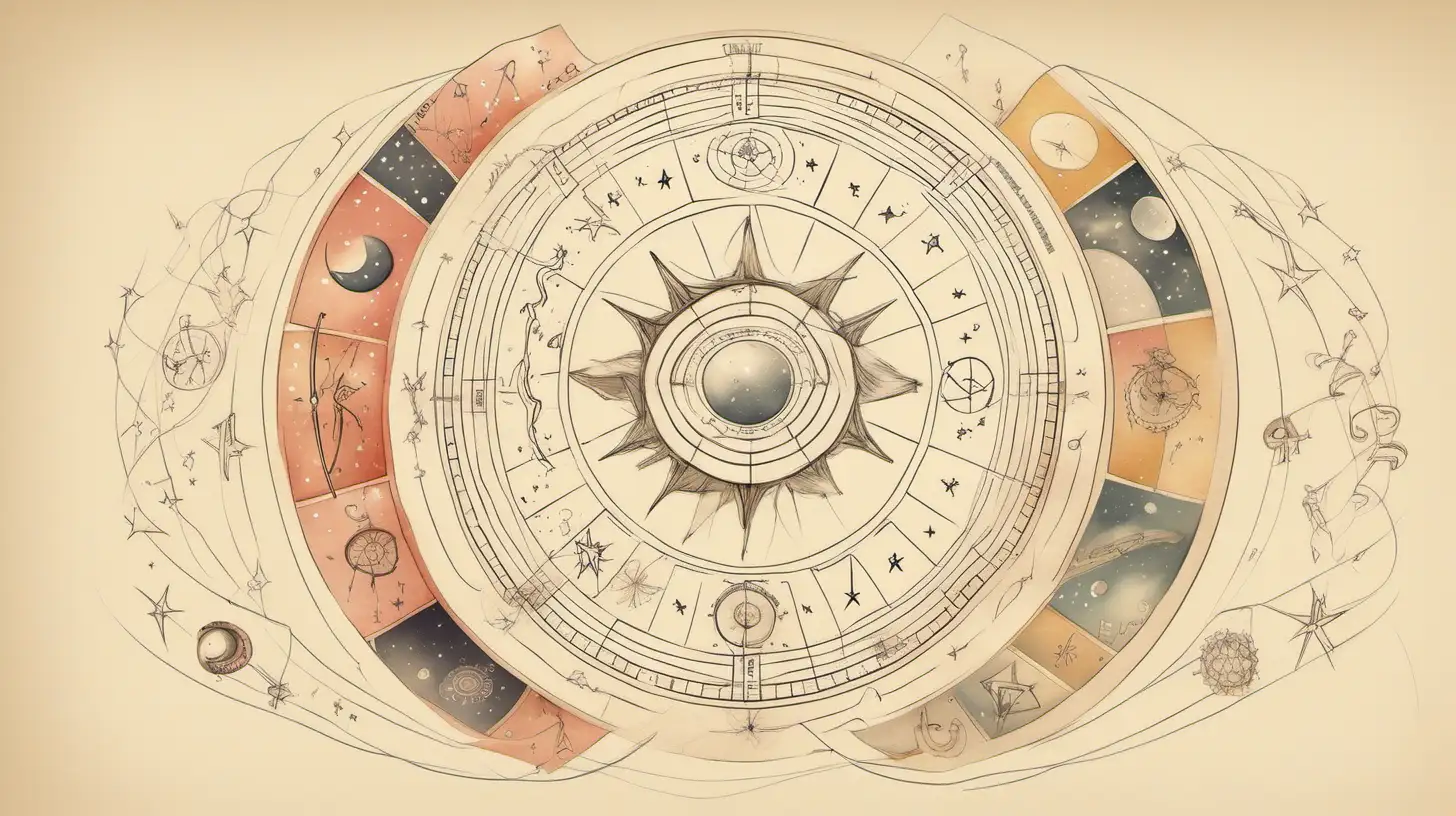 ASTROLOGICAL WHEEL, draw  a few pencil flying around the wheel, Loose lines. Muted color, ADD ribbon style BANNER , 