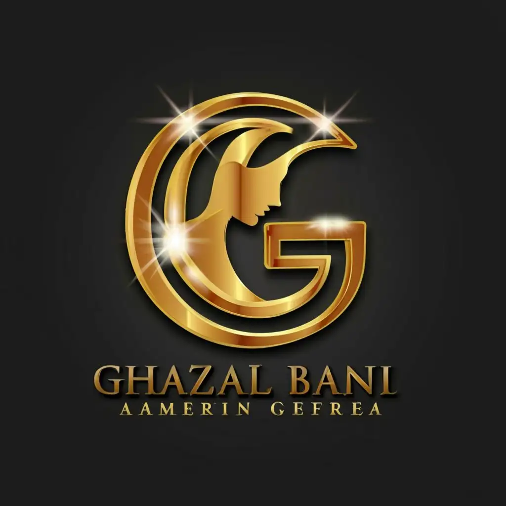 logo, logo, 3d gold combine women face and letter "G" ., with the text "Ghazal Bani Amerian", typography