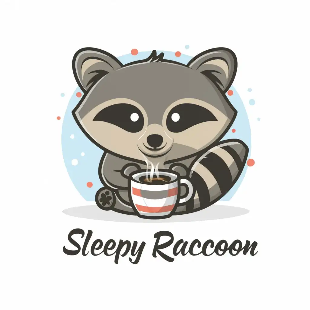 logo, A tired, but cute looking racoon with big black circles around their eyes and big coffee mug in front of it and the striped fluffy tail visible behind it, with the text "SLEEPY RACCOON", typography, be used in Entertainment industry