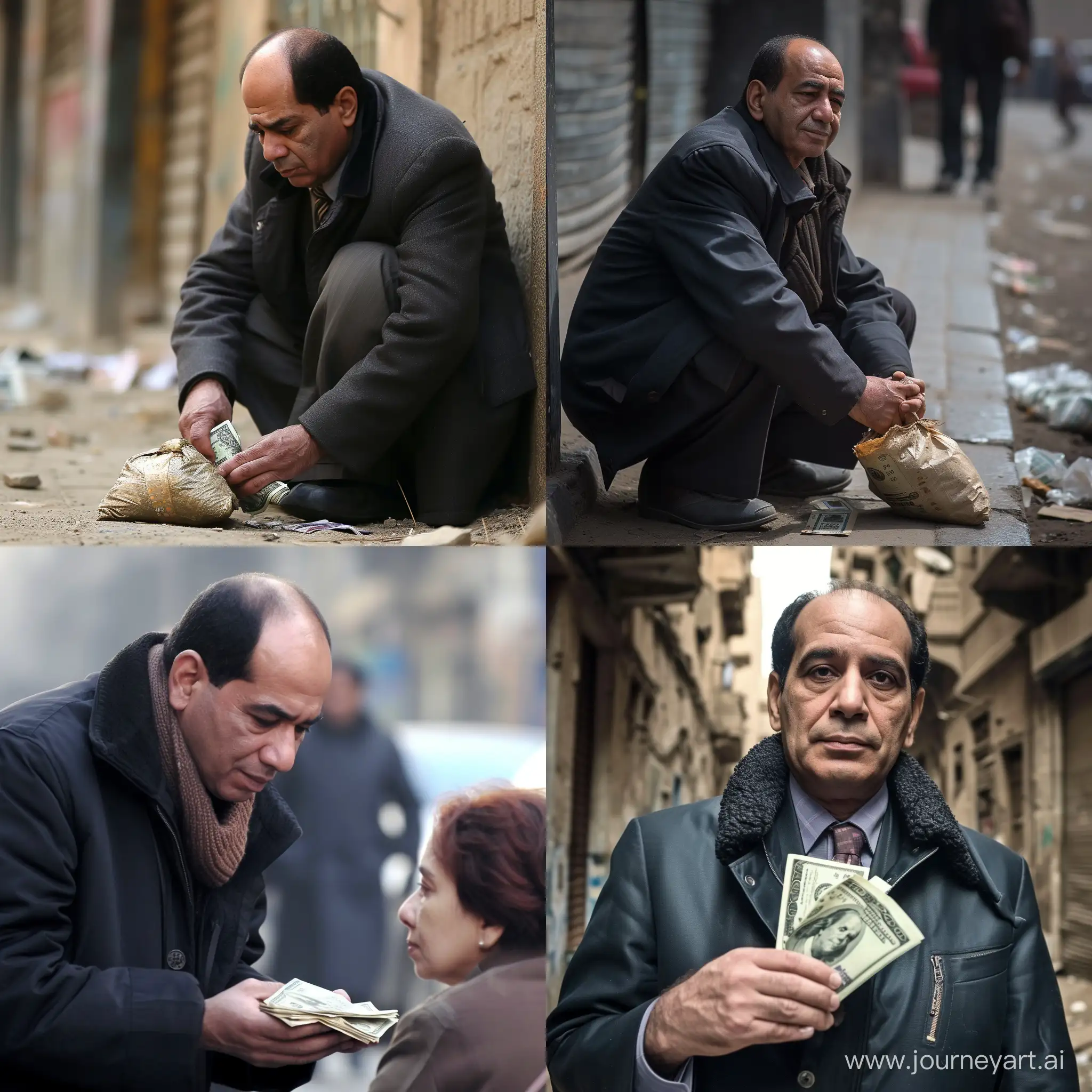 Abdel fattah el sisi being a homeless guy and begging for dollars