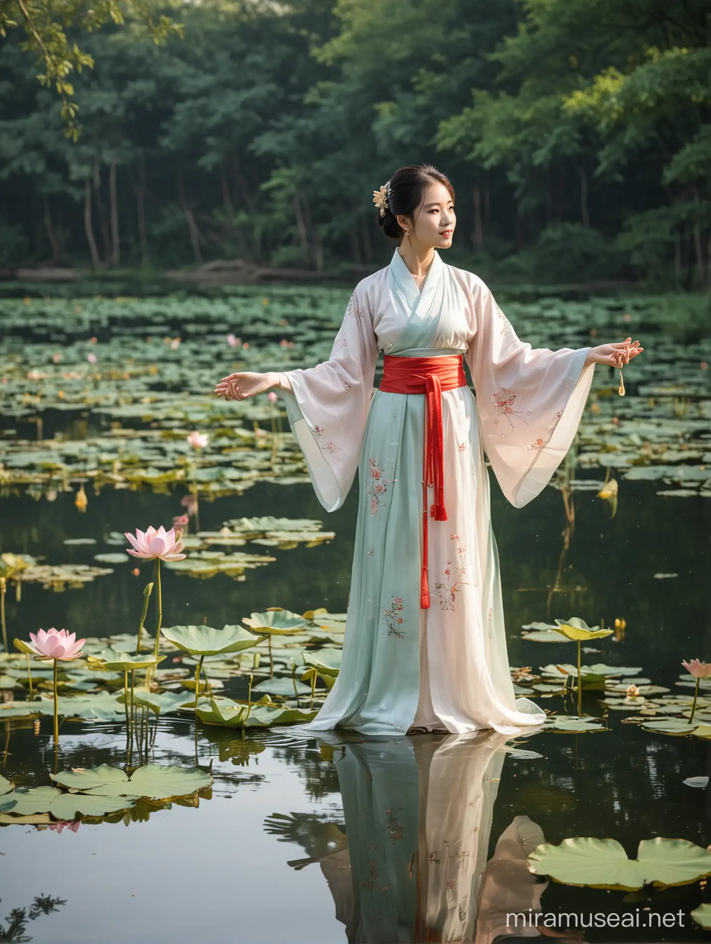 Hanfu Female Standing by Lotus Pond in Summer Reflection