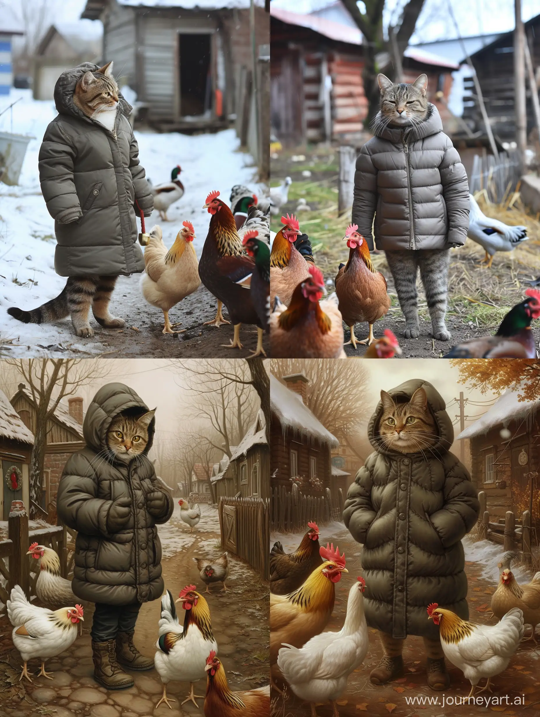 Cozy-Cat-Feeding-Chickens-and-Ducks-in-the-Winter-Village