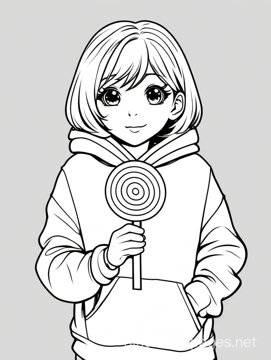 A manga girl in a oversize sweatshirt with a lollipop

, Coloring Page, black and white, line art, white background, Simplicity, Ample White Space. The background of the coloring page is plain white to make it easy for young children to color within the lines. The outlines of all the subjects are easy to distinguish, making it simple for kids to color without too much difficulty